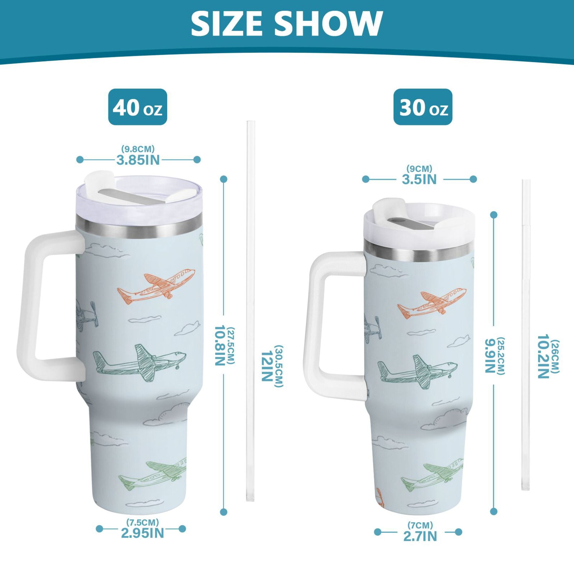 30 oz Insulated Stainless Steel Tumbler Double Wall Stainless Steel Tumbler with 2-Way Drinking Pastel Doodle Airplanes C593T