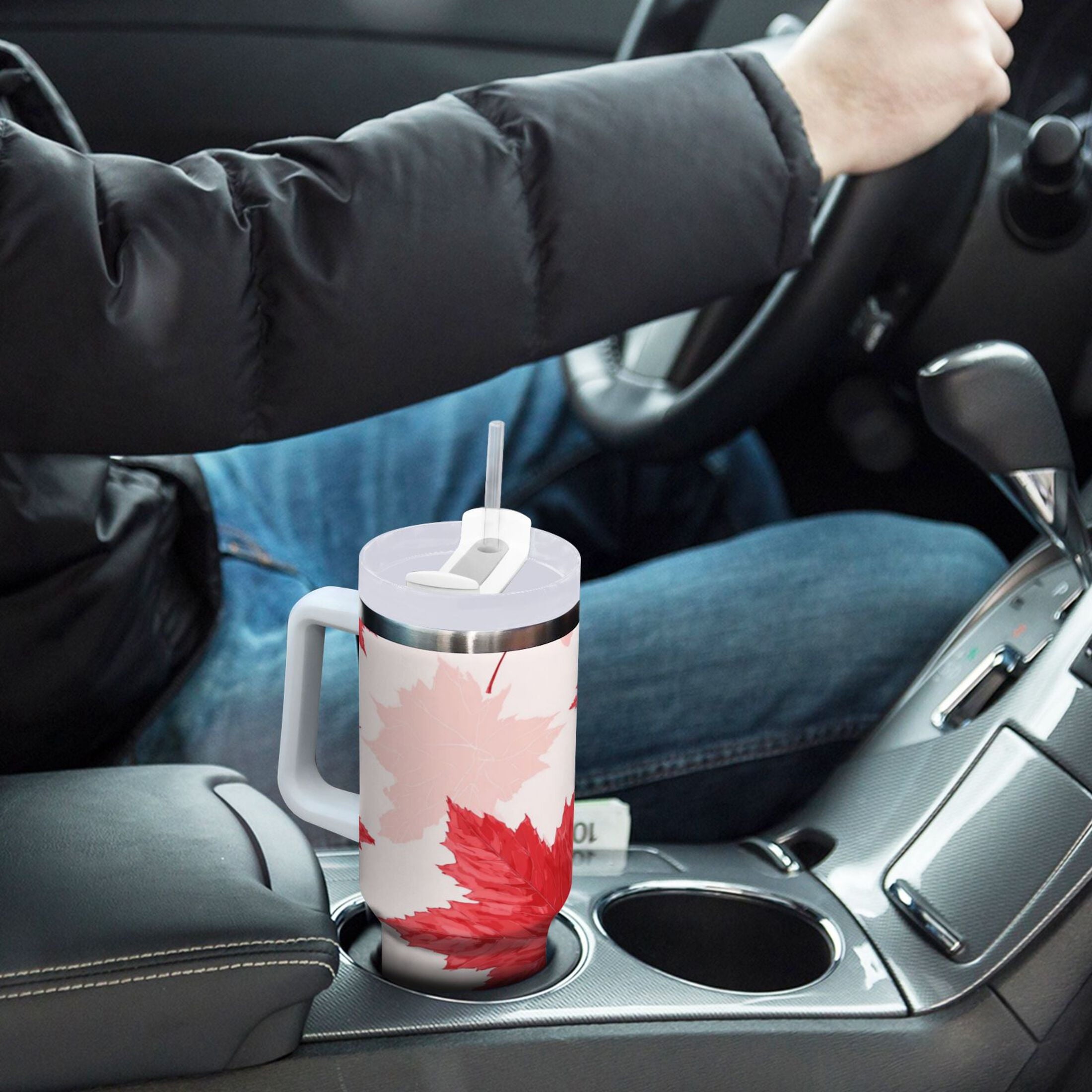 40 oz Insulated Stainless Steel Tumbler Double Wall Stainless Steel Tumbler with 2-Way Drinking Red Maple Leaves Pattern C601J