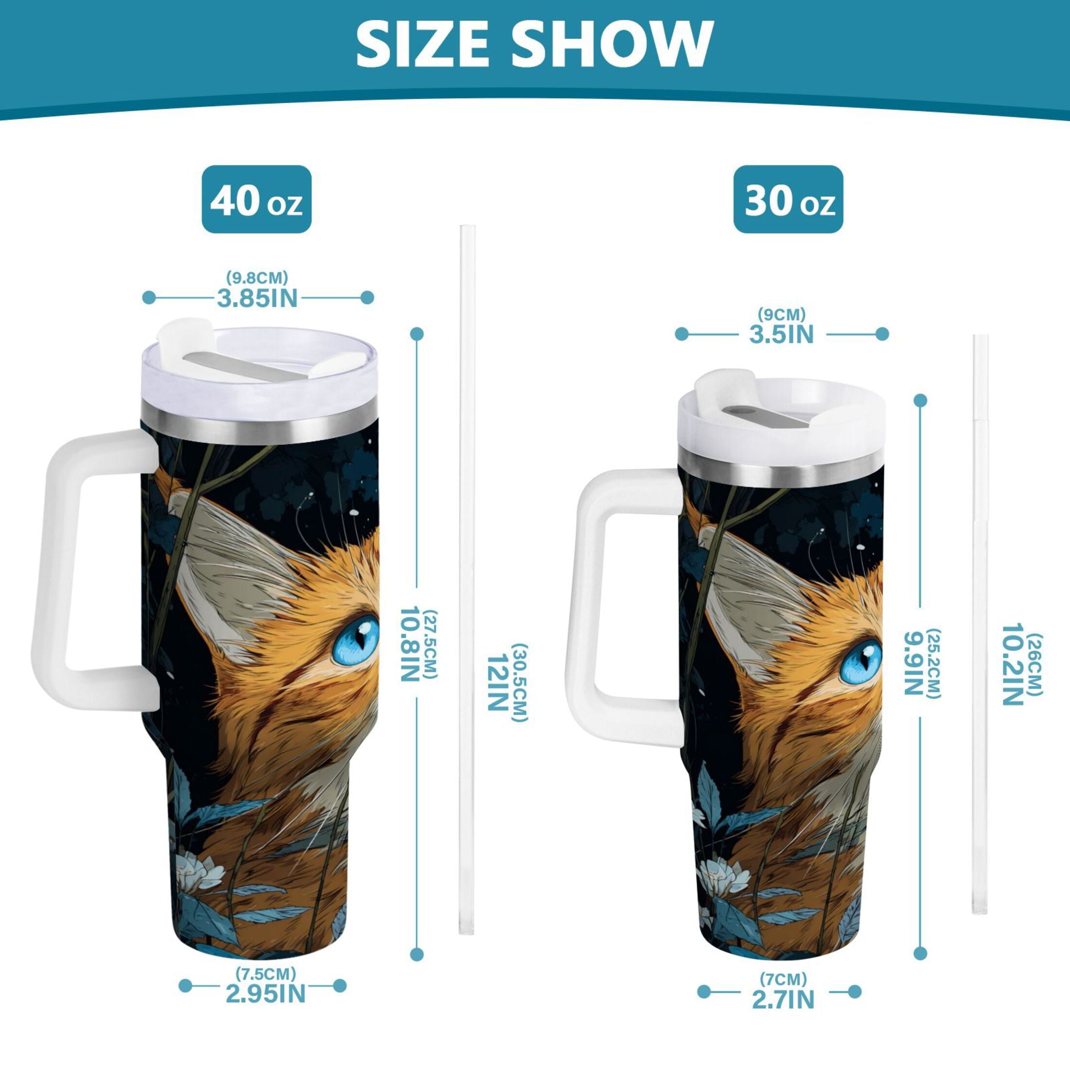 30 oz Insulated Stainless Steel Tumbler Double Wall Stainless Steel Tumbler with 2-Way Drinking Orange Cat with Blue Eyes C585D