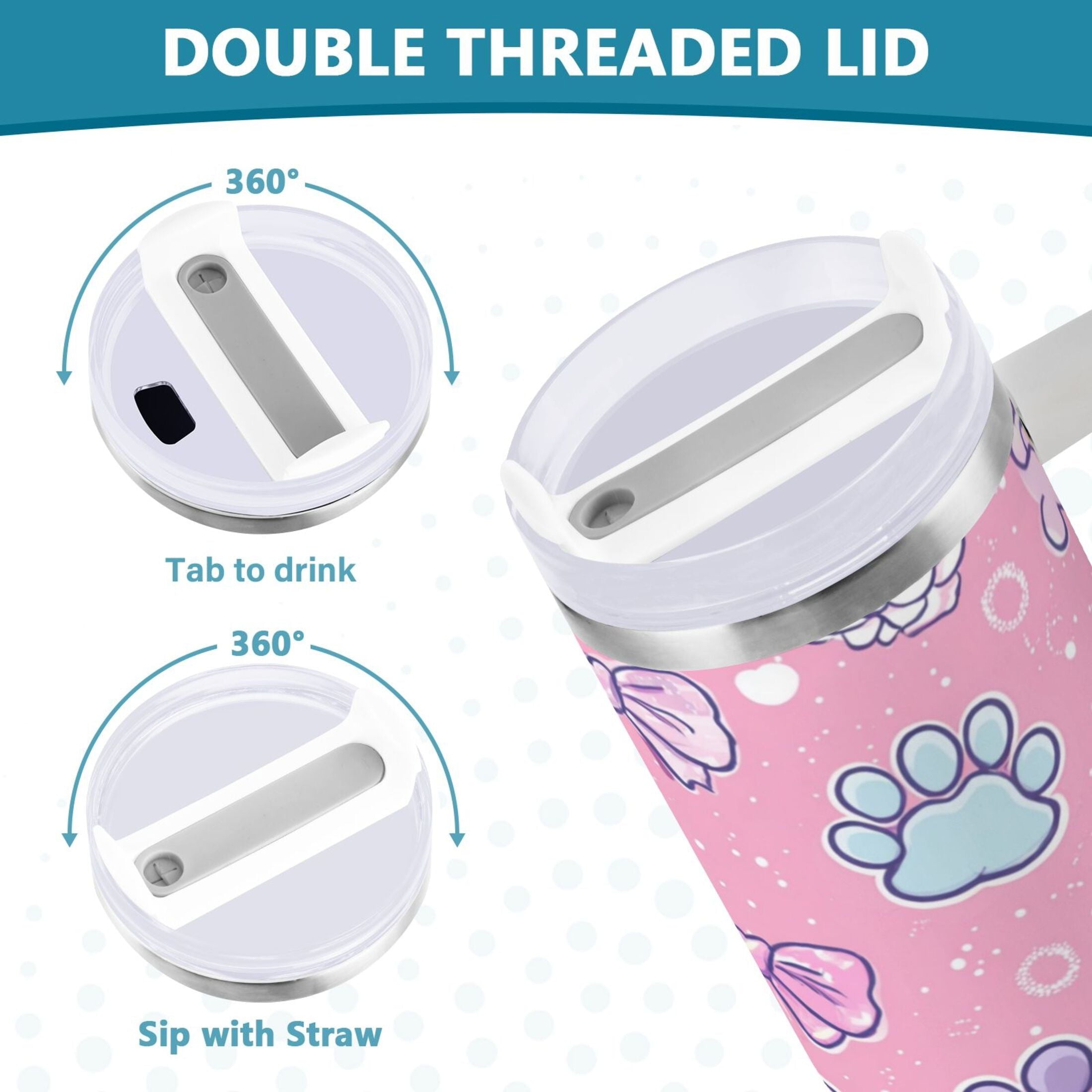 30 oz Insulated Stainless Steel Tumbler Double Wall Stainless Steel Tumbler with 2-Way Drinking Dog Paw Prints and Bows C648N