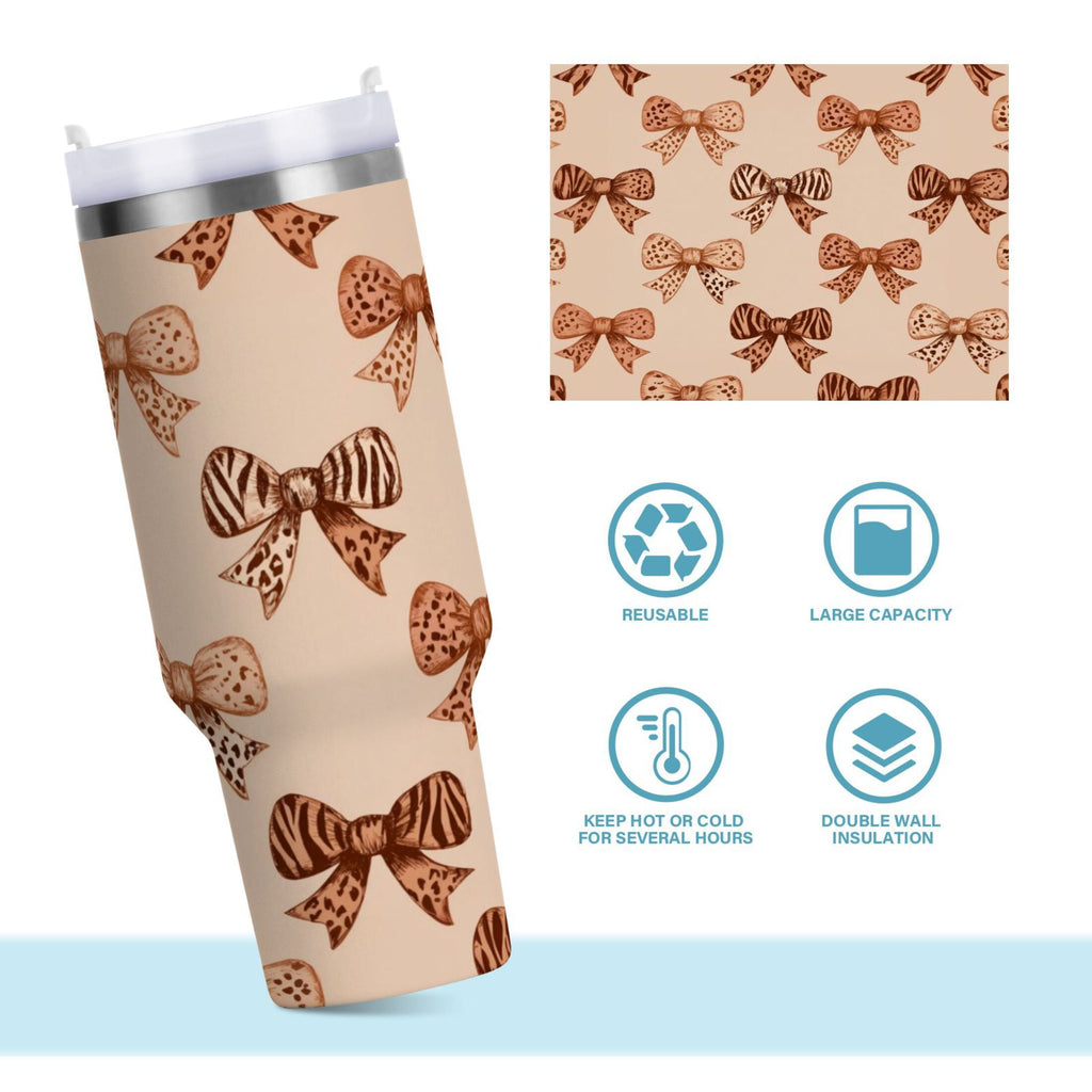 40 oz Insulated Stainless Steel Tumbler Double Wall Stainless Steel Tumbler with 2-Way Drinking Leopard Print Bow C550Y
