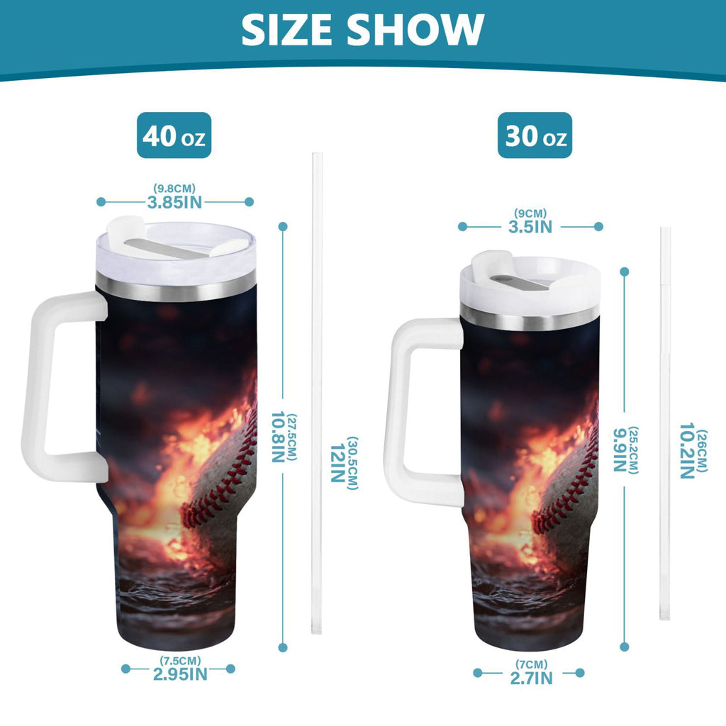 40 oz Insulated Stainless Steel Tumbler Double Wall Stainless Steel Tumbler with 2-Way Drinking Baseball with Water and Fire C680N