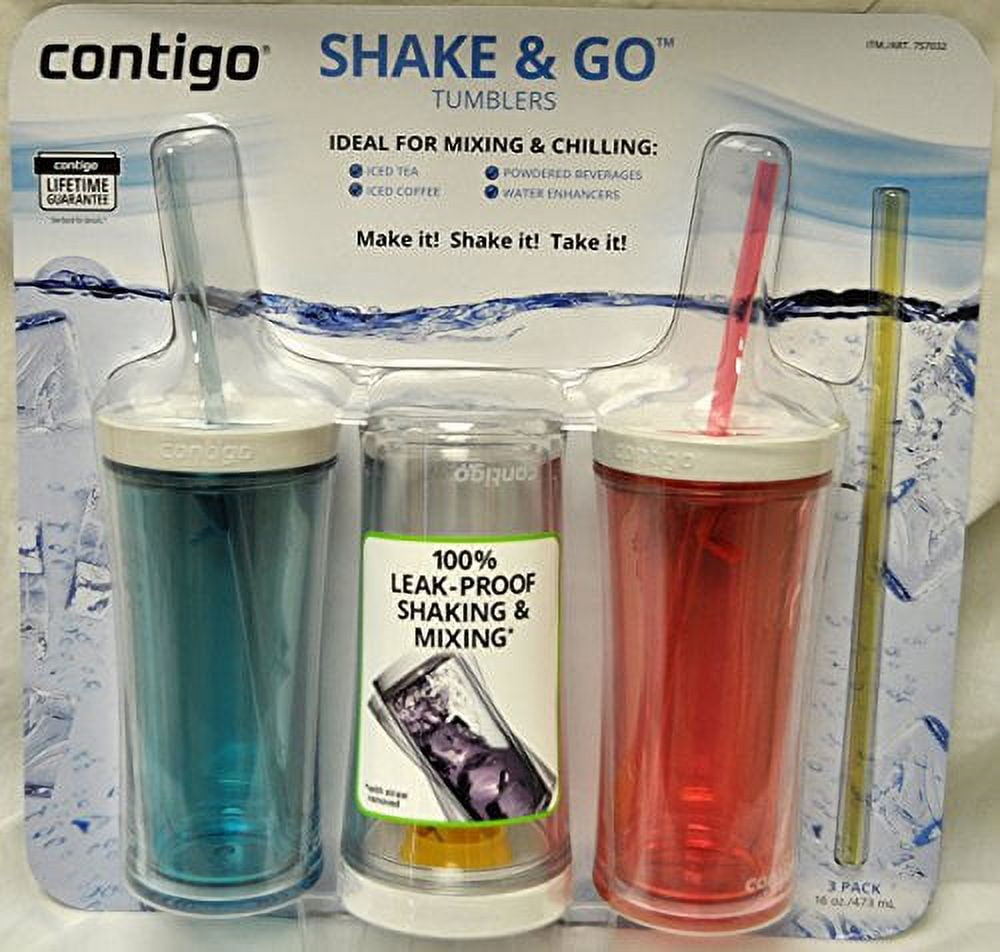 Contigo Shake &amp; Go Plastic Tumblers - Set of 3 (Pink Blue &amp; Clear) C121Z