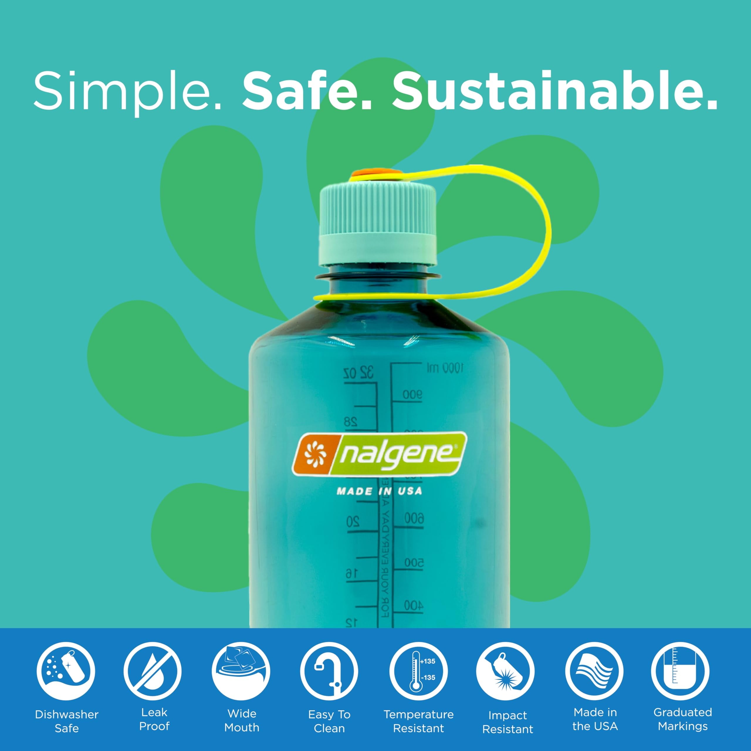 Nalgene Sustain Tritan BPA-Free Water Bottle Made with Material Derived from 50% Plastic Waste (using ISCC certified mass balance), 32 OZ, Narrow Mouth, Cerulean C158X