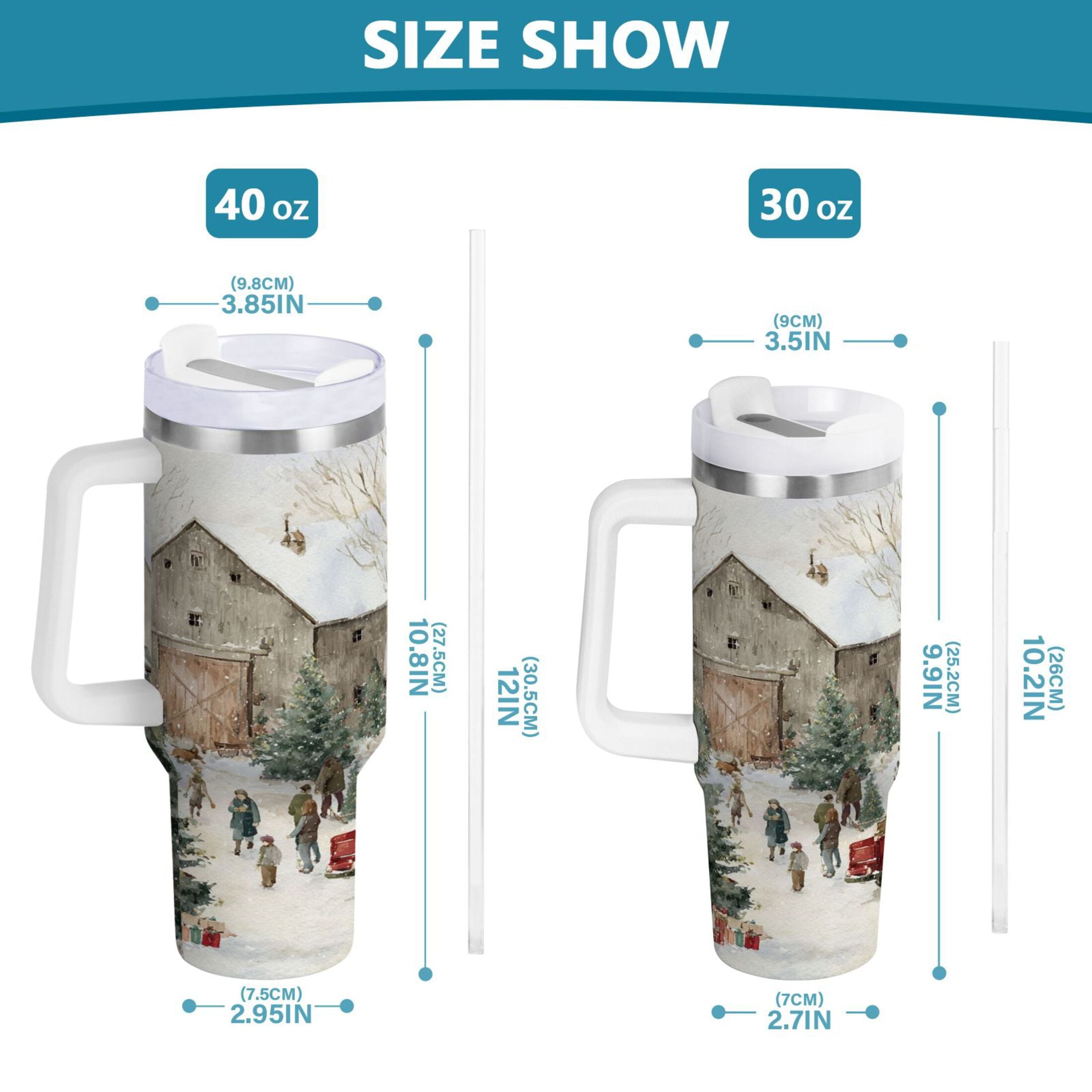 40 oz Insulated Stainless Steel Tumbler Double Wall Stainless Steel Tumbler with 2-Way Drinking Farm Snow Scene C645K