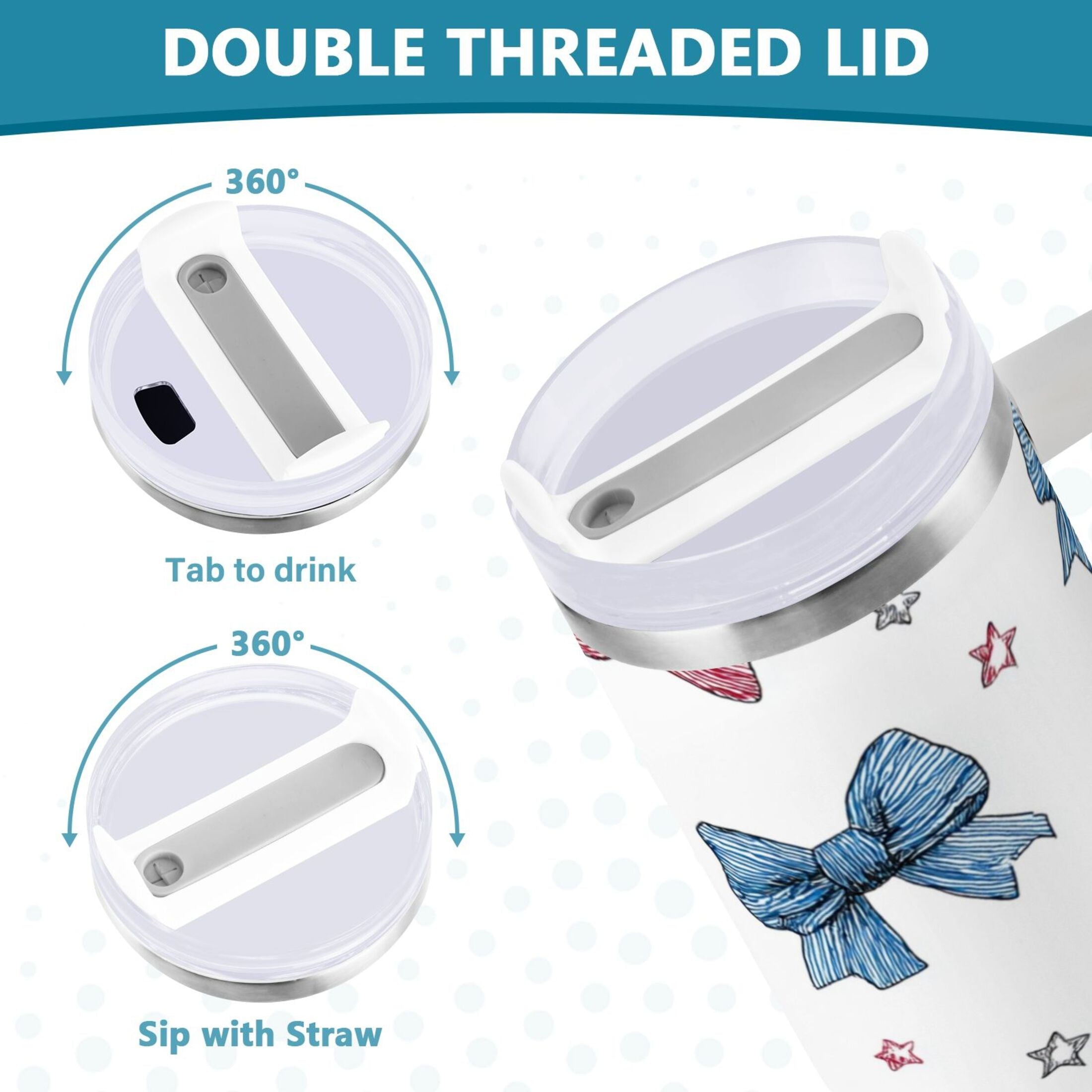 40 oz Insulated Stainless Steel Tumbler Double Wall Stainless Steel Tumbler with 2-Way Drinking Red and Blue Stripes Bows C510P