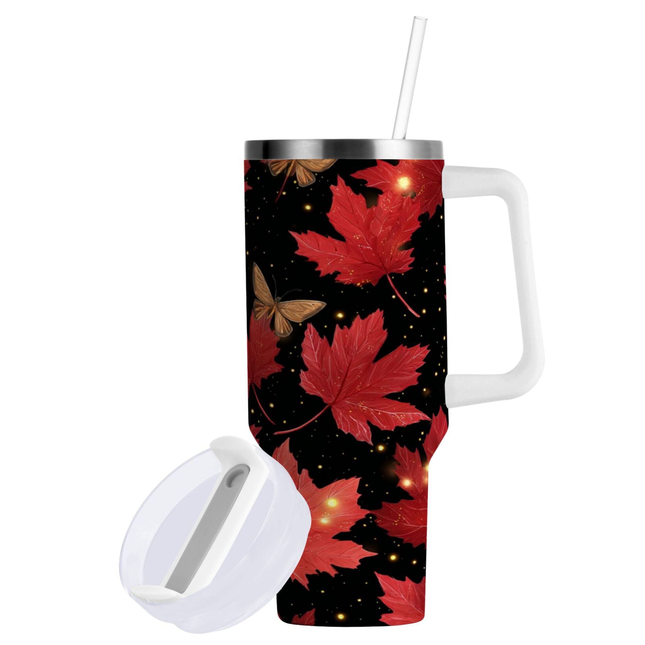 40 oz Insulated Stainless Steel Tumbler Double Wall Stainless Steel Tumbler with 2-Way Drinking Maple Leaves and Fireflies C516E