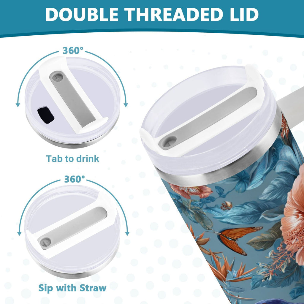 30 oz Insulated Stainless Steel Tumbler Double Wall Stainless Steel Tumbler with 2-Way Drinking Birds and Flowers C552B
