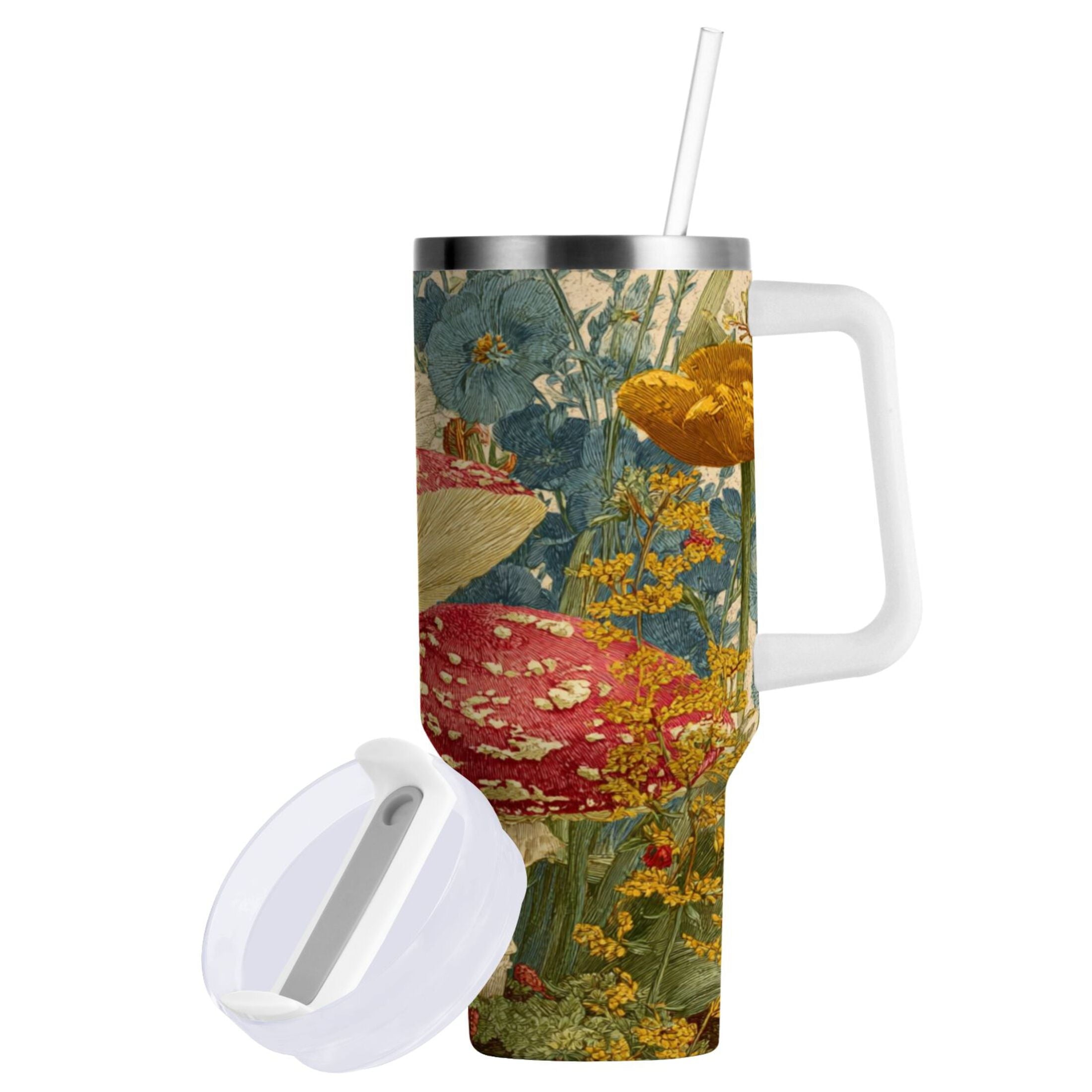 30 oz Insulated Stainless Steel Tumbler Double Wall Stainless Steel Tumbler with 2-Way Drinking Red Mushrooms with Flowers C449C