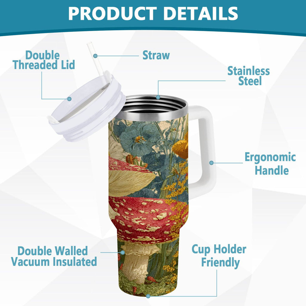 30 oz Insulated Stainless Steel Tumbler Double Wall Stainless Steel Tumbler with 2-Way Drinking Red Mushrooms with Flowers C449C