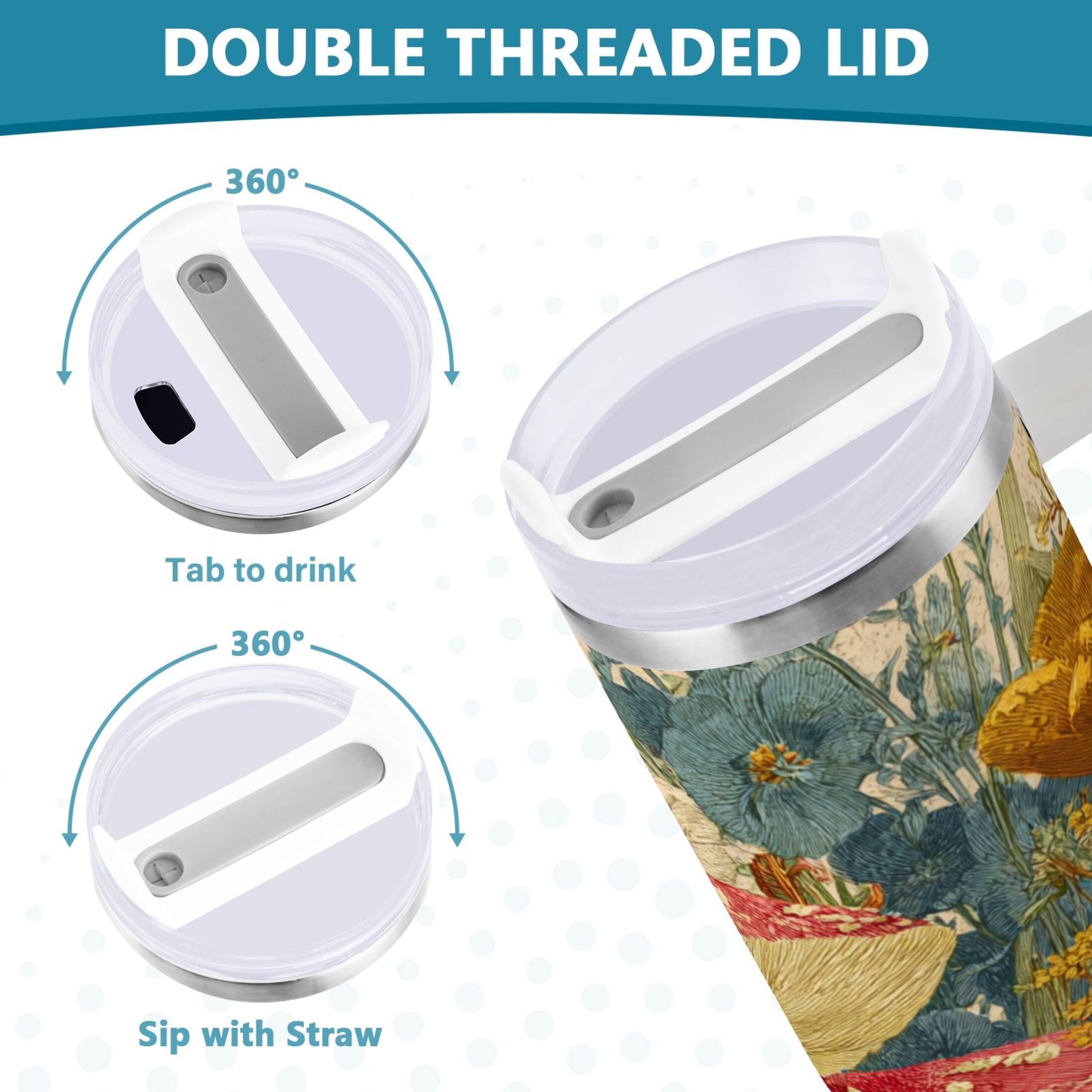 30 oz Insulated Stainless Steel Tumbler Double Wall Stainless Steel Tumbler with 2-Way Drinking Red Mushrooms with Flowers C449C