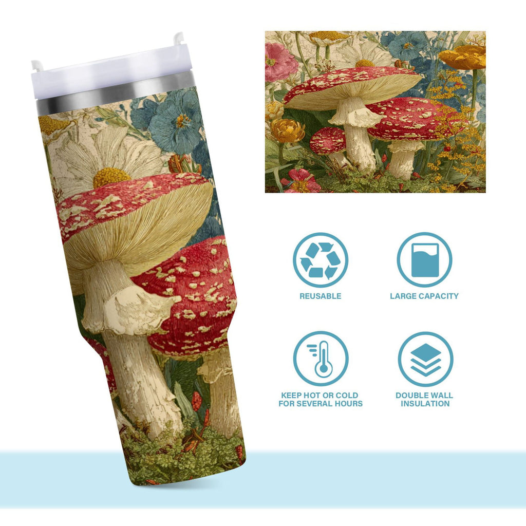 30 oz Insulated Stainless Steel Tumbler Double Wall Stainless Steel Tumbler with 2-Way Drinking Red Mushrooms with Flowers C449C