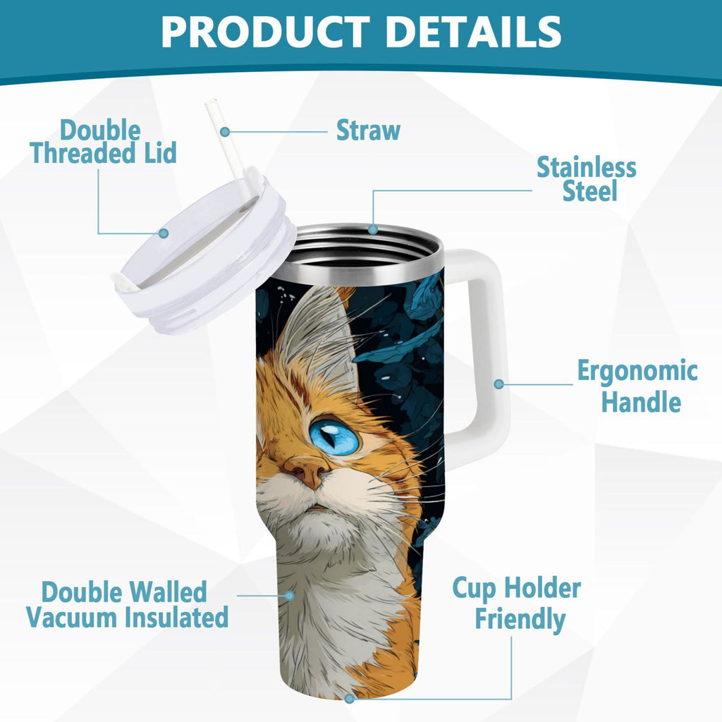 30 oz Insulated Stainless Steel Tumbler Double Wall Stainless Steel Tumbler with 2-Way Drinking Orange Cat with Blue Eyes C585D