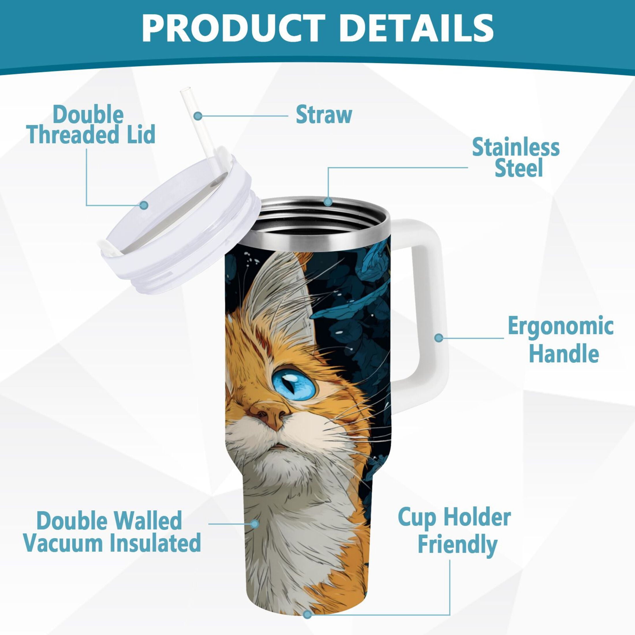 30 oz Insulated Stainless Steel Tumbler Double Wall Stainless Steel Tumbler with 2-Way Drinking Orange Cat with Blue Eyes C585D