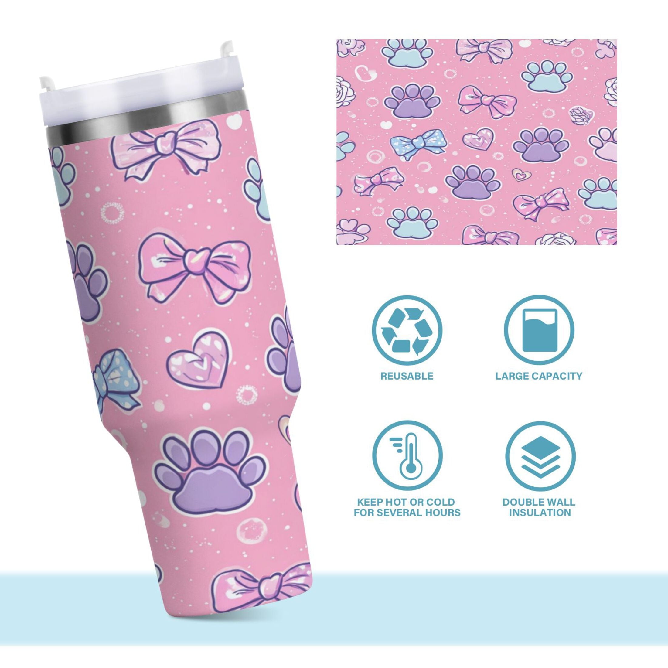 30 oz Insulated Stainless Steel Tumbler Double Wall Stainless Steel Tumbler with 2-Way Drinking Dog Paw Prints and Bows C648N