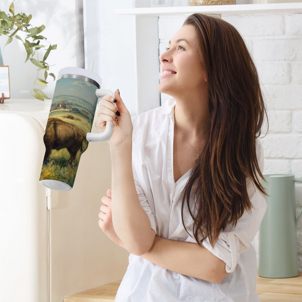 30 oz Insulated Stainless Steel Tumbler Double Wall Stainless Steel Tumbler with 2-Way Drinking Buffalo Herd Oil Painting C660X