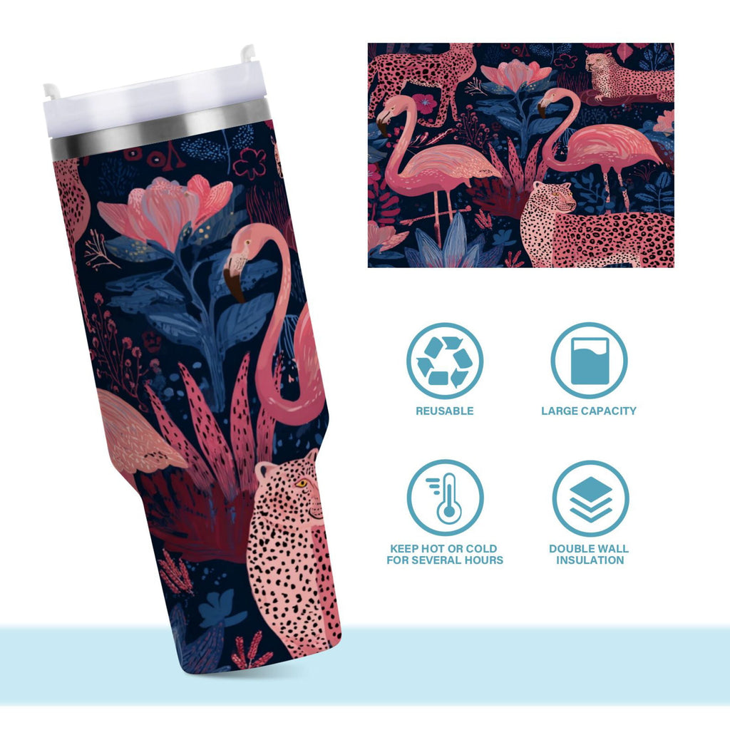 30 oz Insulated Stainless Steel Tumbler Double Wall Stainless Steel Tumbler with 2-Way Drinking Flamingos and Leopard Print C568F