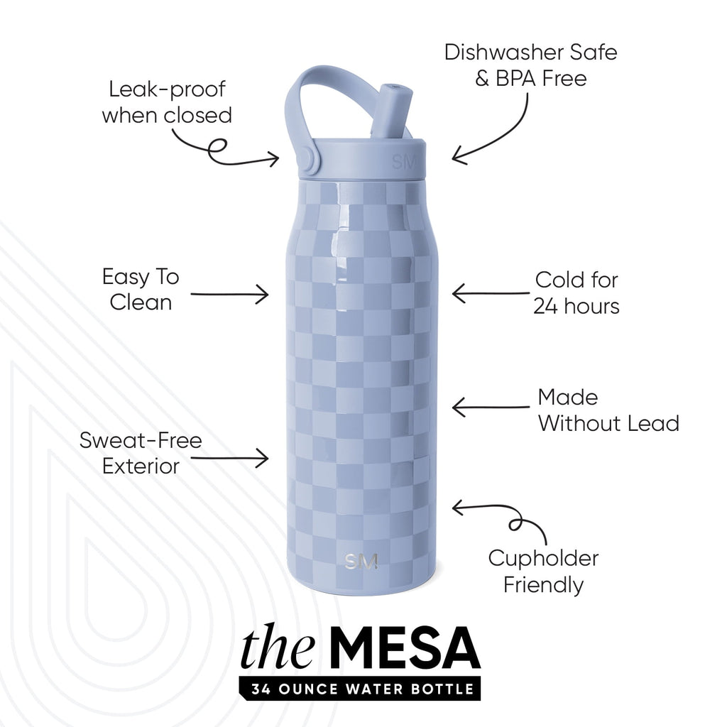 Simple Modern 34 fl oz Insulated Stainless Steel Mesa Wide Mouth Water Bottle with Handle and Push Button Straw Lid | Mystifying Blue Checkmate C410K