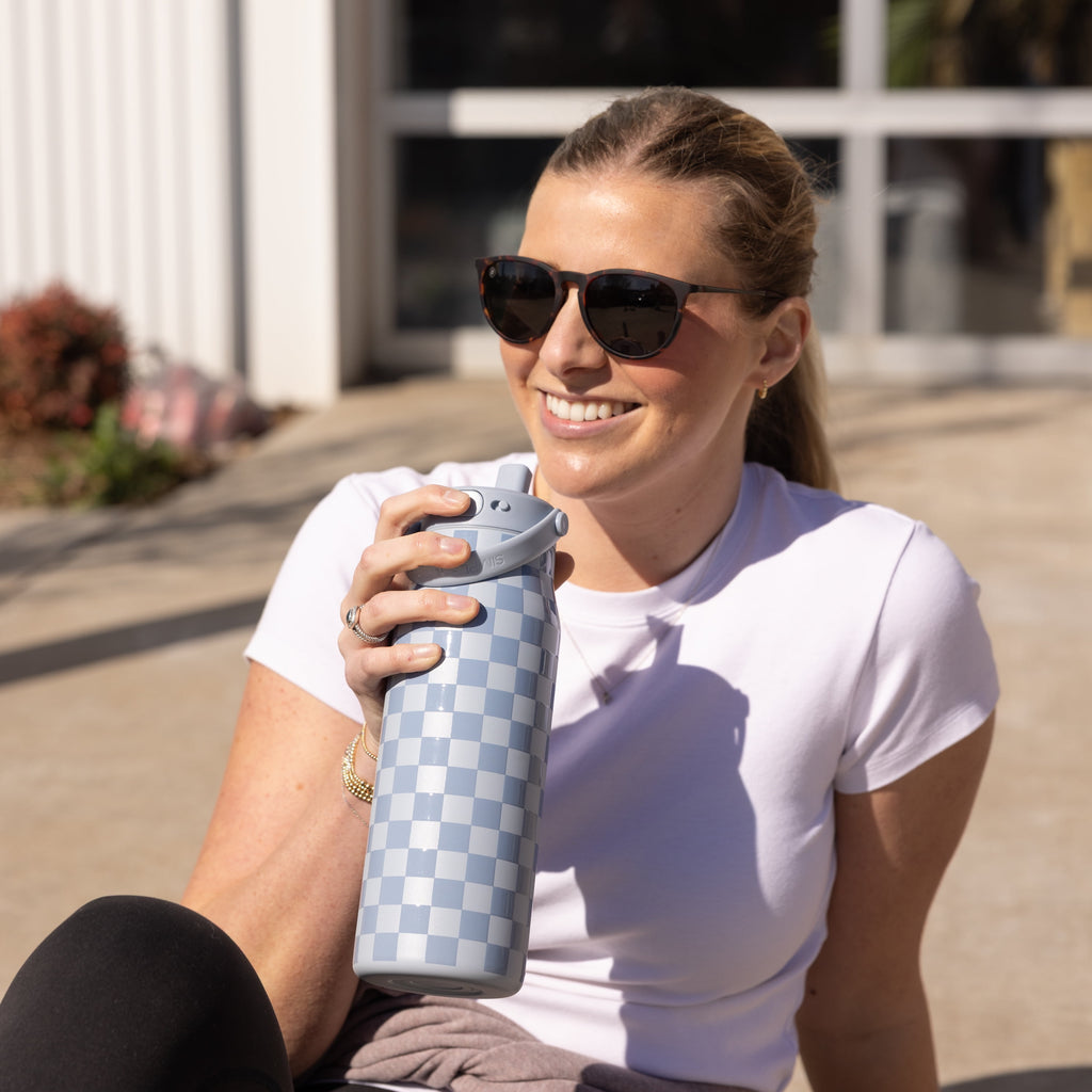 Simple Modern 34 fl oz Insulated Stainless Steel Mesa Wide Mouth Water Bottle with Handle and Push Button Straw Lid | Mystifying Blue Checkmate C410K