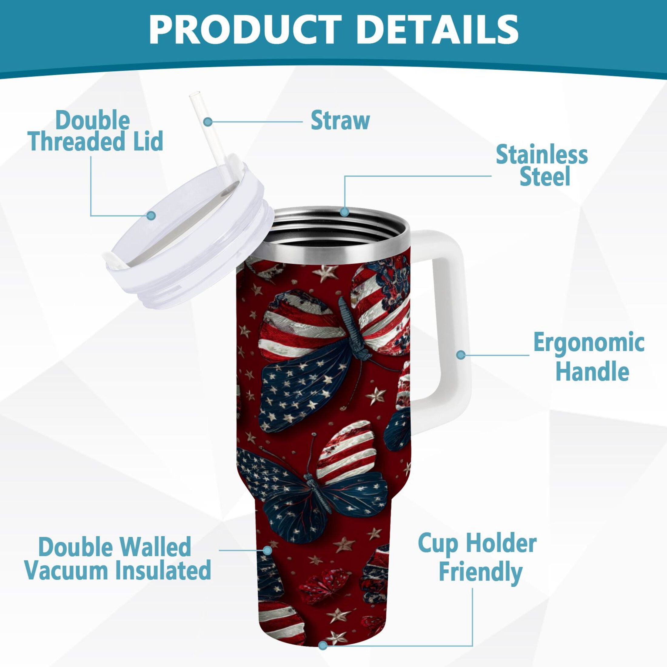 40 oz Insulated Stainless Steel Tumbler Double Wall Stainless Steel Tumbler with 2-Way Drinking Butterfly with National Flag C517S
