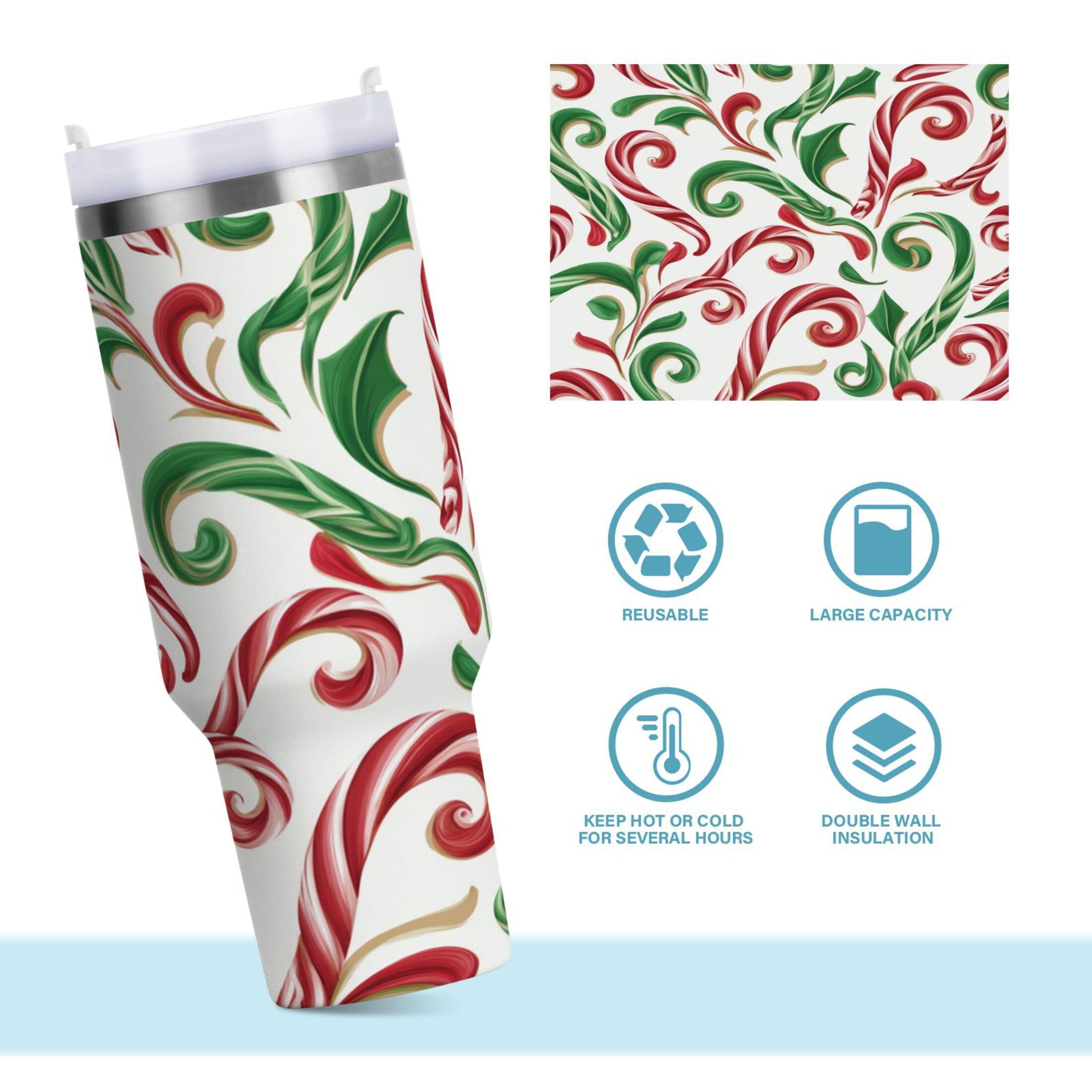 40 oz Insulated Stainless Steel Tumbler Double Wall Stainless Steel Tumbler with 2-Way Drinking Red and Green Candy-cane C573R