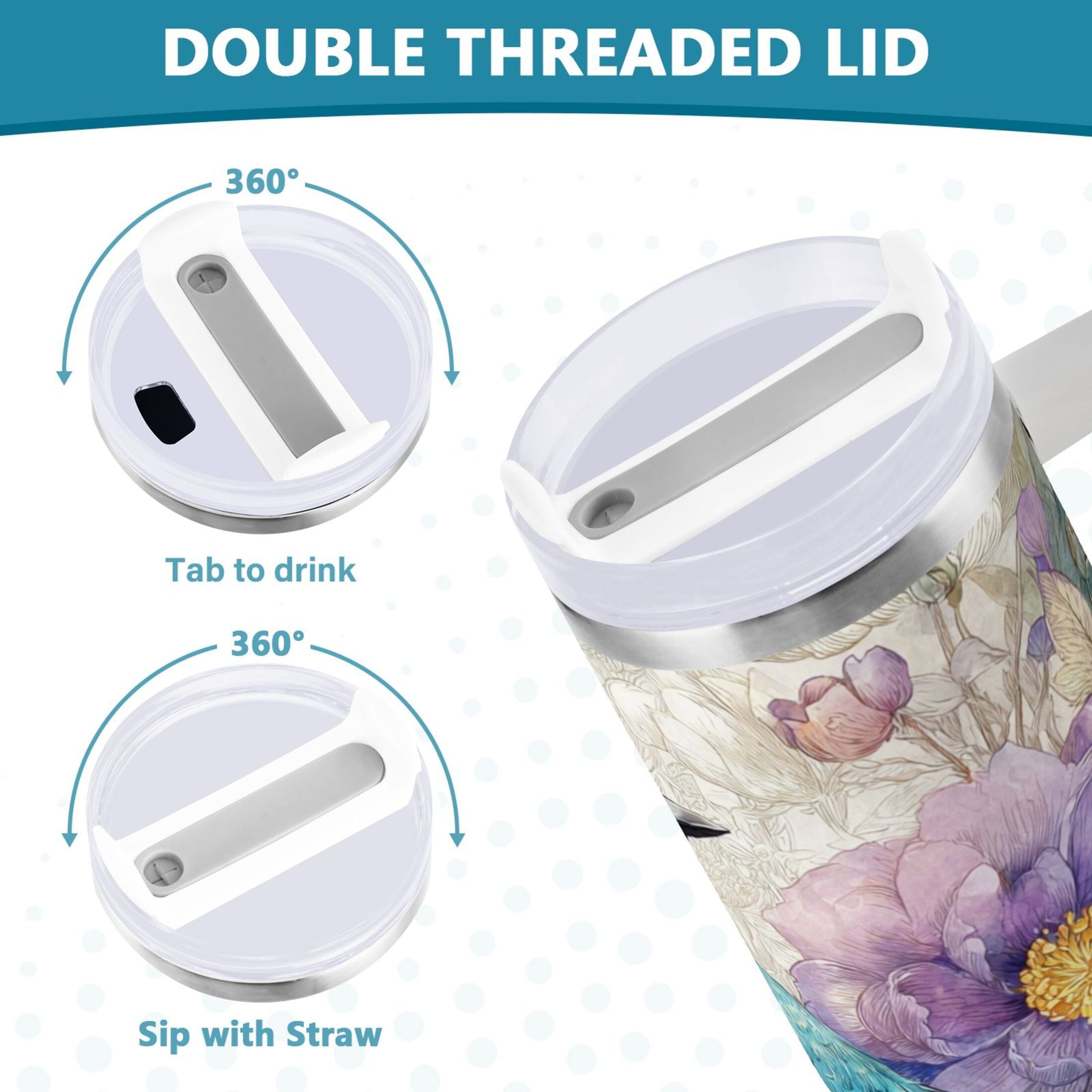 30 oz Insulated Stainless Steel Tumbler Double Wall Stainless Steel Tumbler with 2-Way Drinking Bluebird and Flower C538C