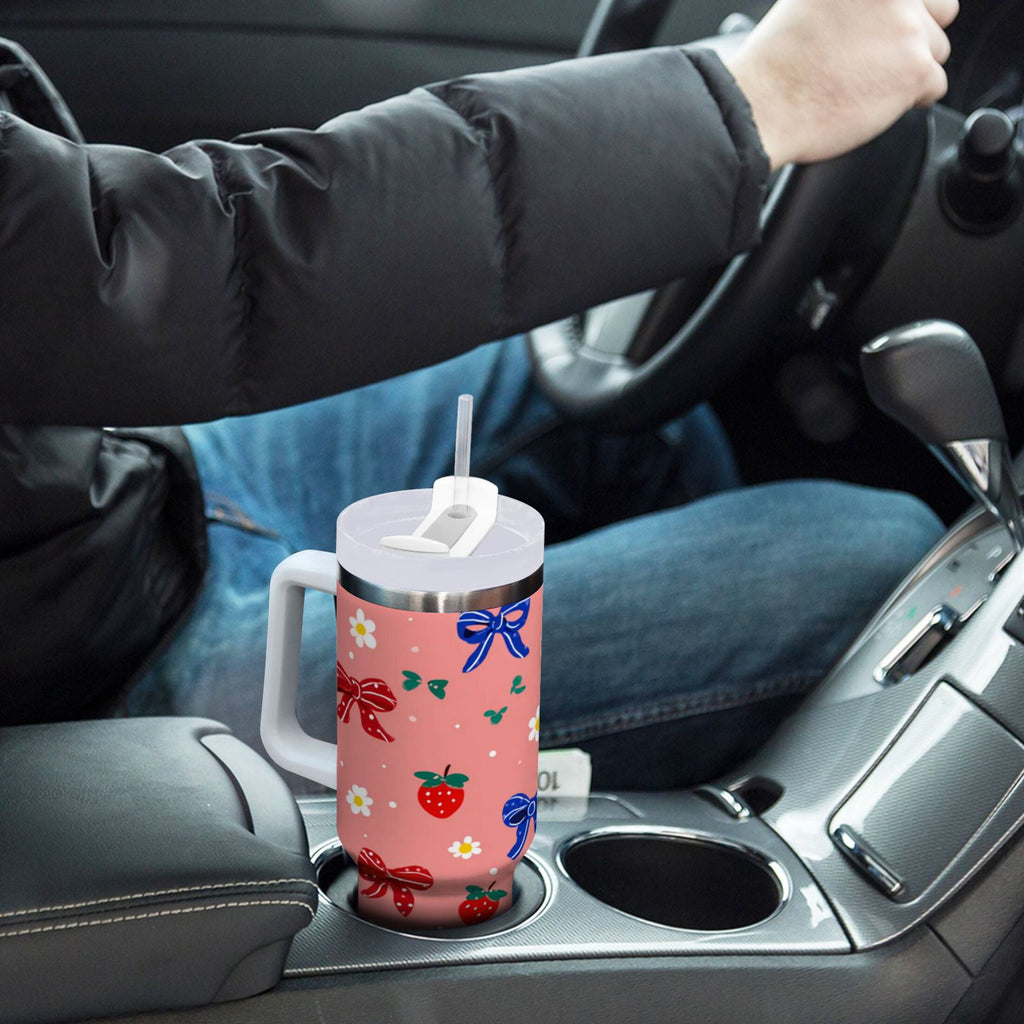 40 oz Insulated Stainless Steel Tumbler Double Wall Stainless Steel Tumbler with 2-Way Drinking Bows and Strawberries Pattern C511C