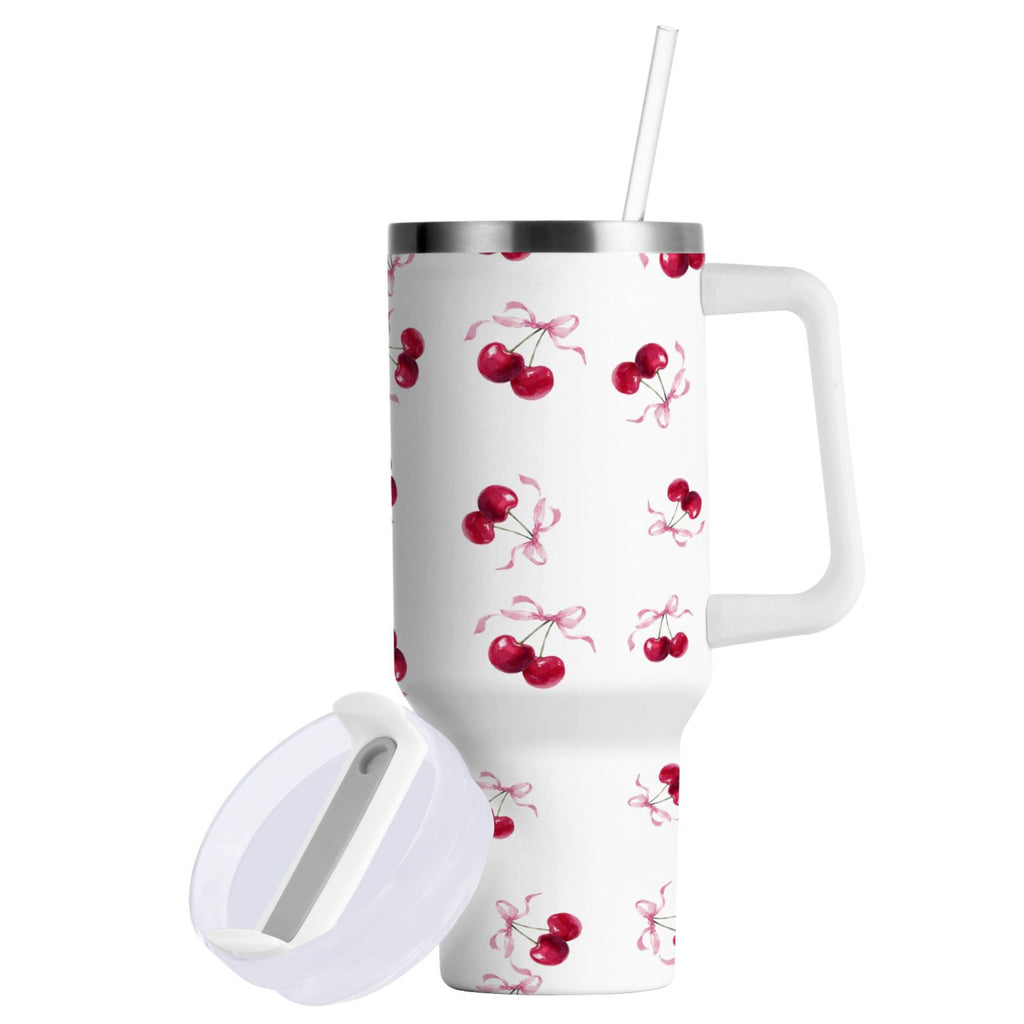 30 oz Insulated Stainless Steel Tumbler Double Wall Stainless Steel Tumbler with 2-Way Drinking Watercolor Cherries Pattern C604E