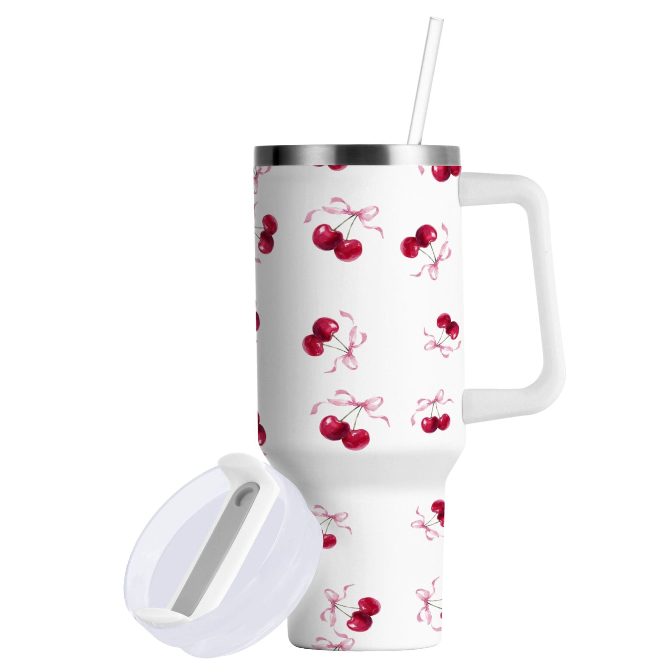 30 oz Insulated Stainless Steel Tumbler Double Wall Stainless Steel Tumbler with 2-Way Drinking Watercolor Cherries Pattern C604E