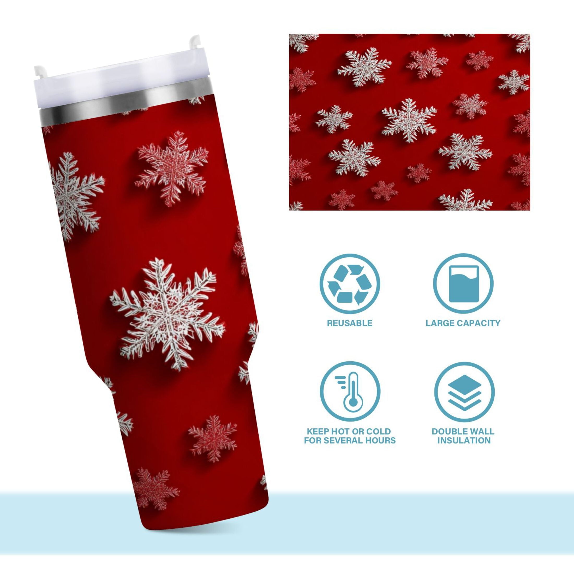30 oz Insulated Stainless Steel Tumbler Double Wall Stainless Steel Tumbler with 2-Way Drinking Red and White Snowflakes C554W