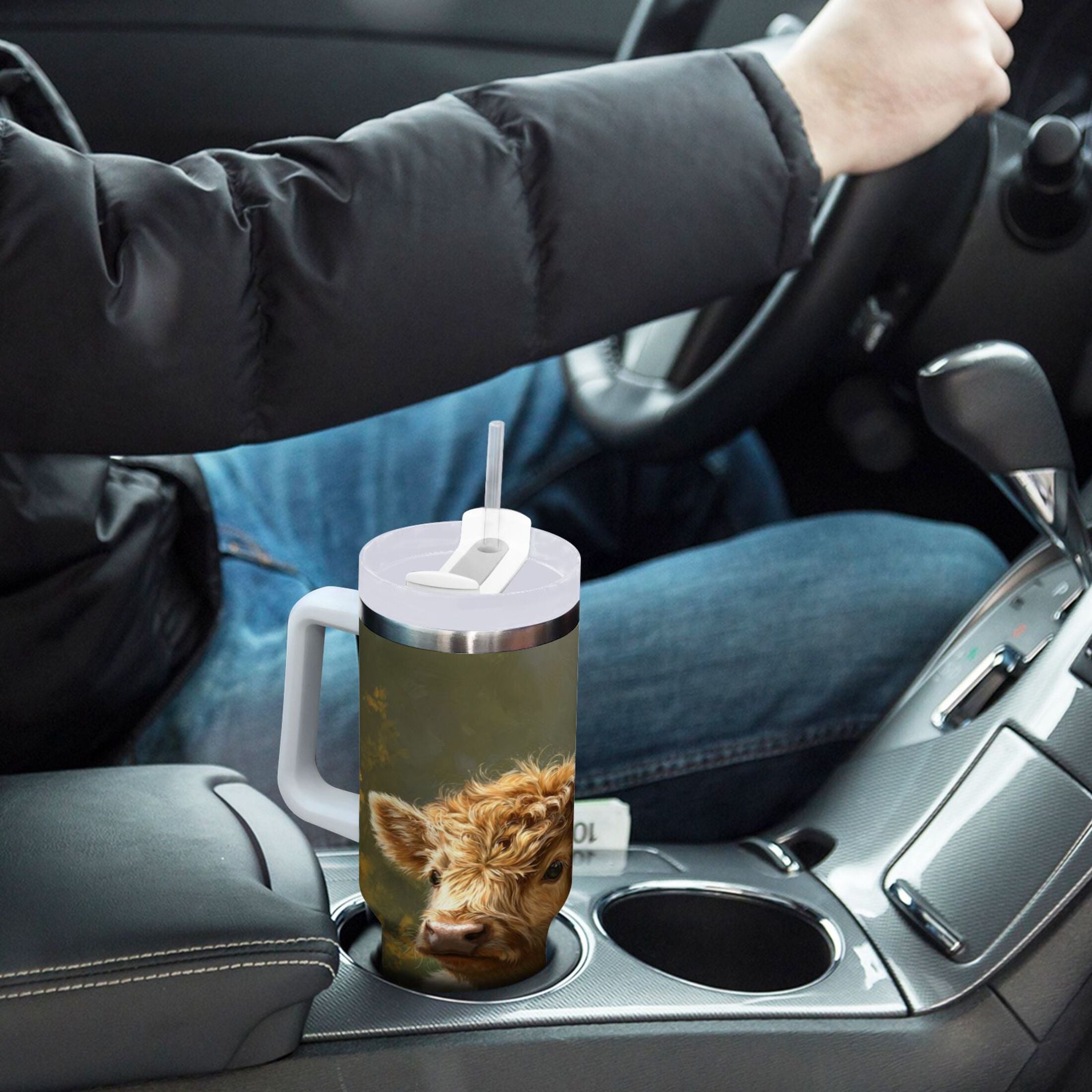 40 oz Insulated Stainless Steel Tumbler Double Wall Stainless Steel Tumbler with 2-Way Drinking Cow Lying in Sunflowers C665S