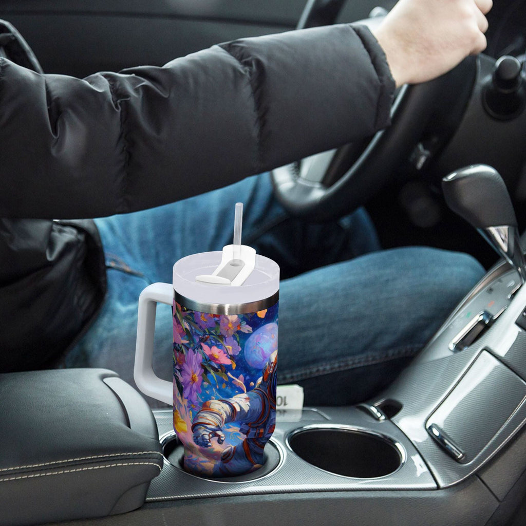 40 oz Insulated Stainless Steel Tumbler Double Wall Stainless Steel Tumbler with 2-Way Drinking Astronaut and Colorful Flowers C562V