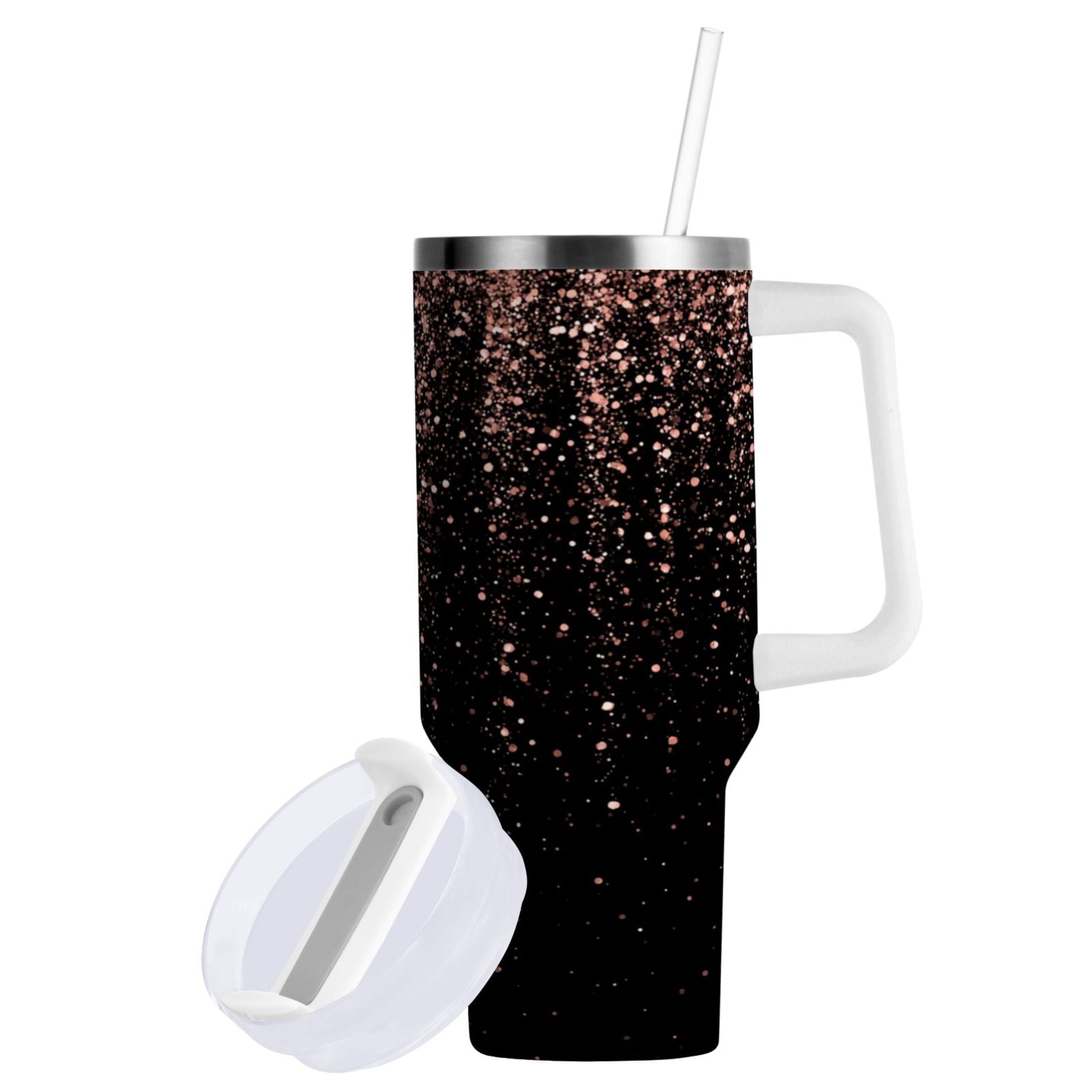 40 oz Insulated Stainless Steel Tumbler Double Wall Stainless Steel Tumbler with 2-Way Drinking Rose Gold Glitter C589Q