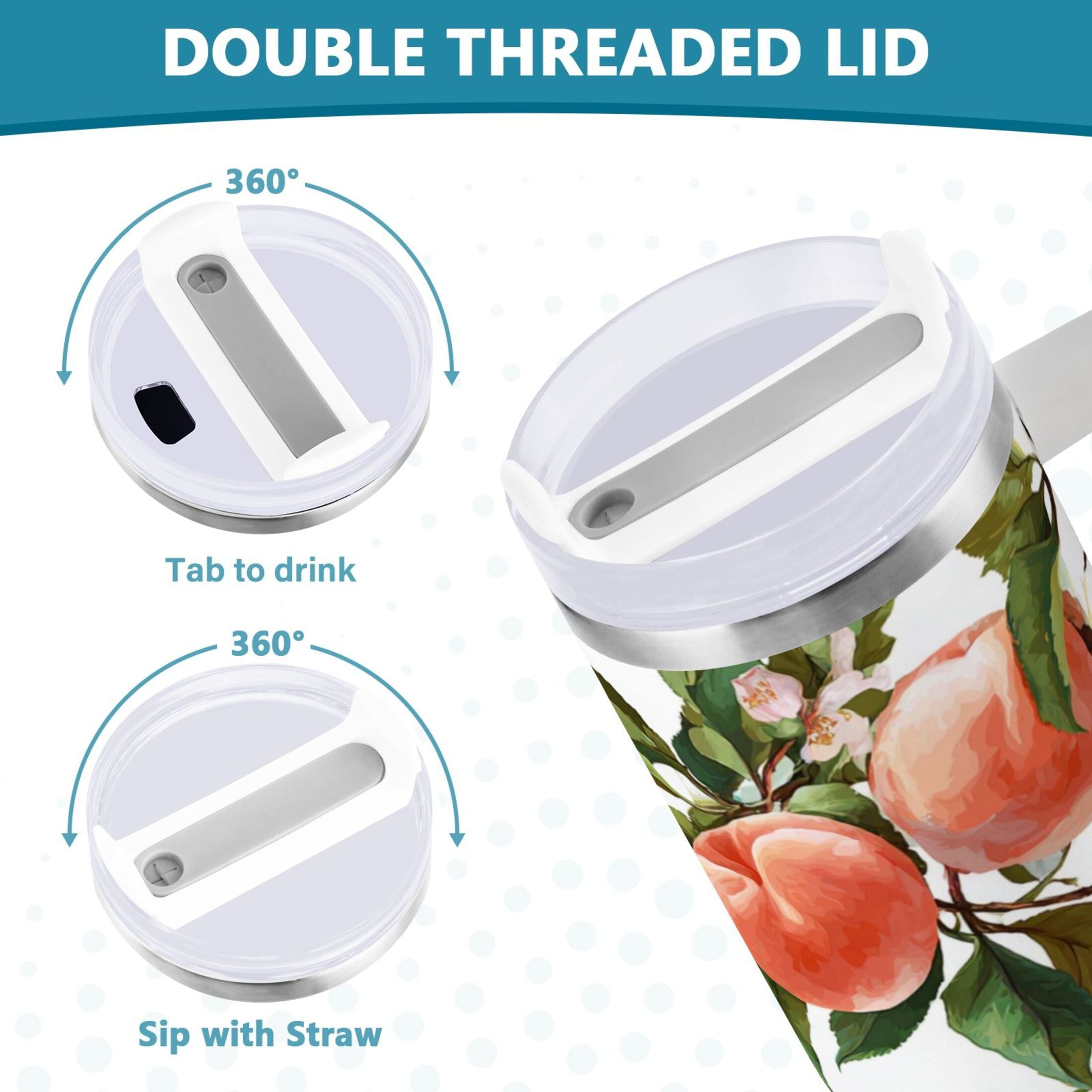 30 oz Insulated Stainless Steel Tumbler Double Wall Stainless Steel Tumbler with 2-Way Drinking Peach Fruit Pattern C503L