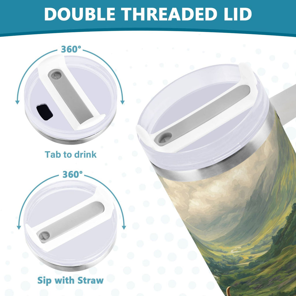 30 oz Insulated Stainless Steel Tumbler Double Wall Stainless Steel Tumbler with 2-Way Drinking Cow in Green Rolling Hills C586U