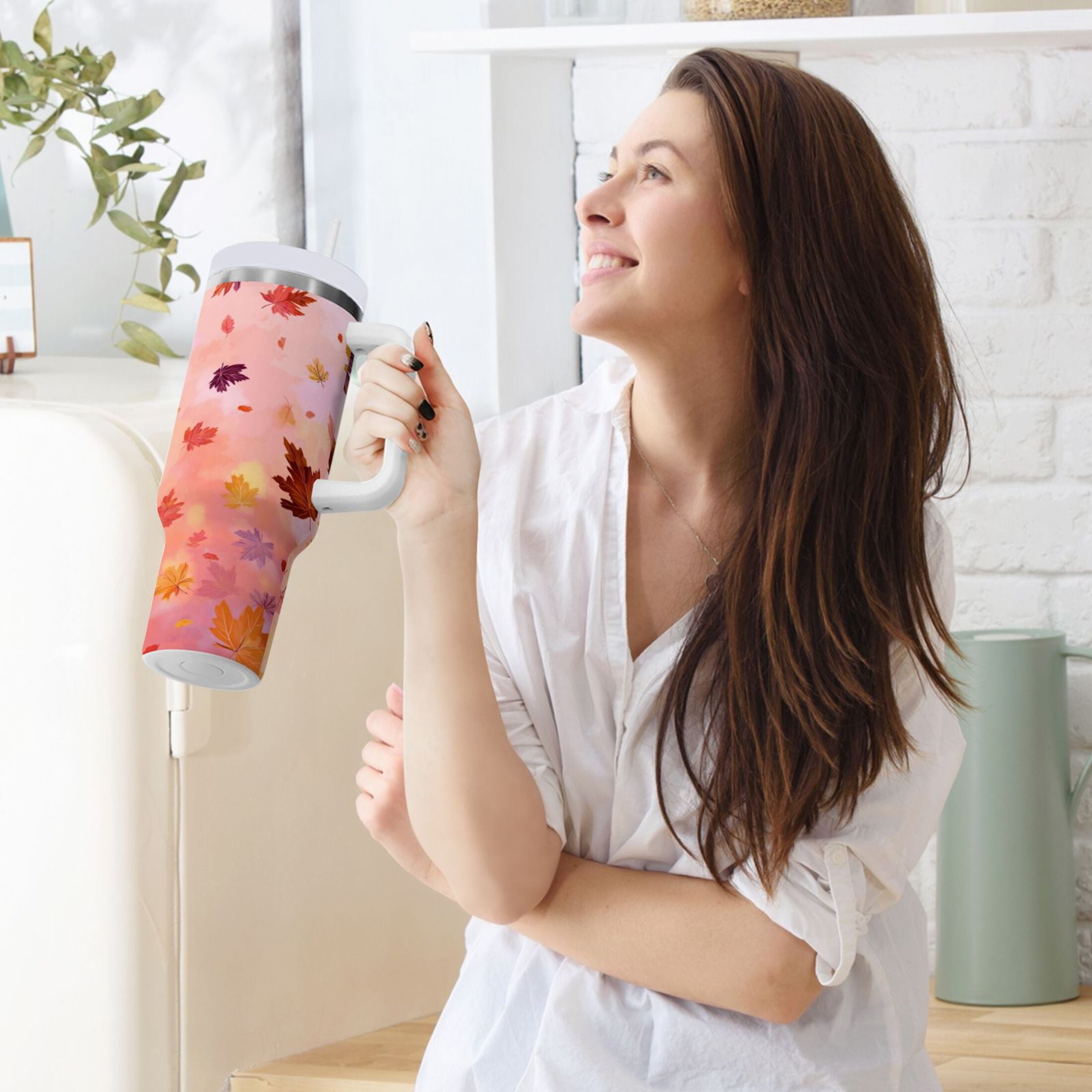 30 oz Insulated Stainless Steel Tumbler Double Wall Stainless Steel Tumbler with 2-Way Drinking Autumn Leaves Falling C588F