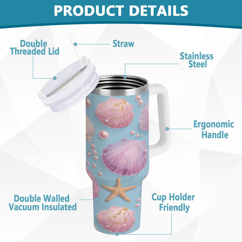 40 oz Insulated Stainless Steel Tumbler Double Wall Stainless Steel Tumbler with 2-Way Drinking Seashells and Pearls Pattern C569X