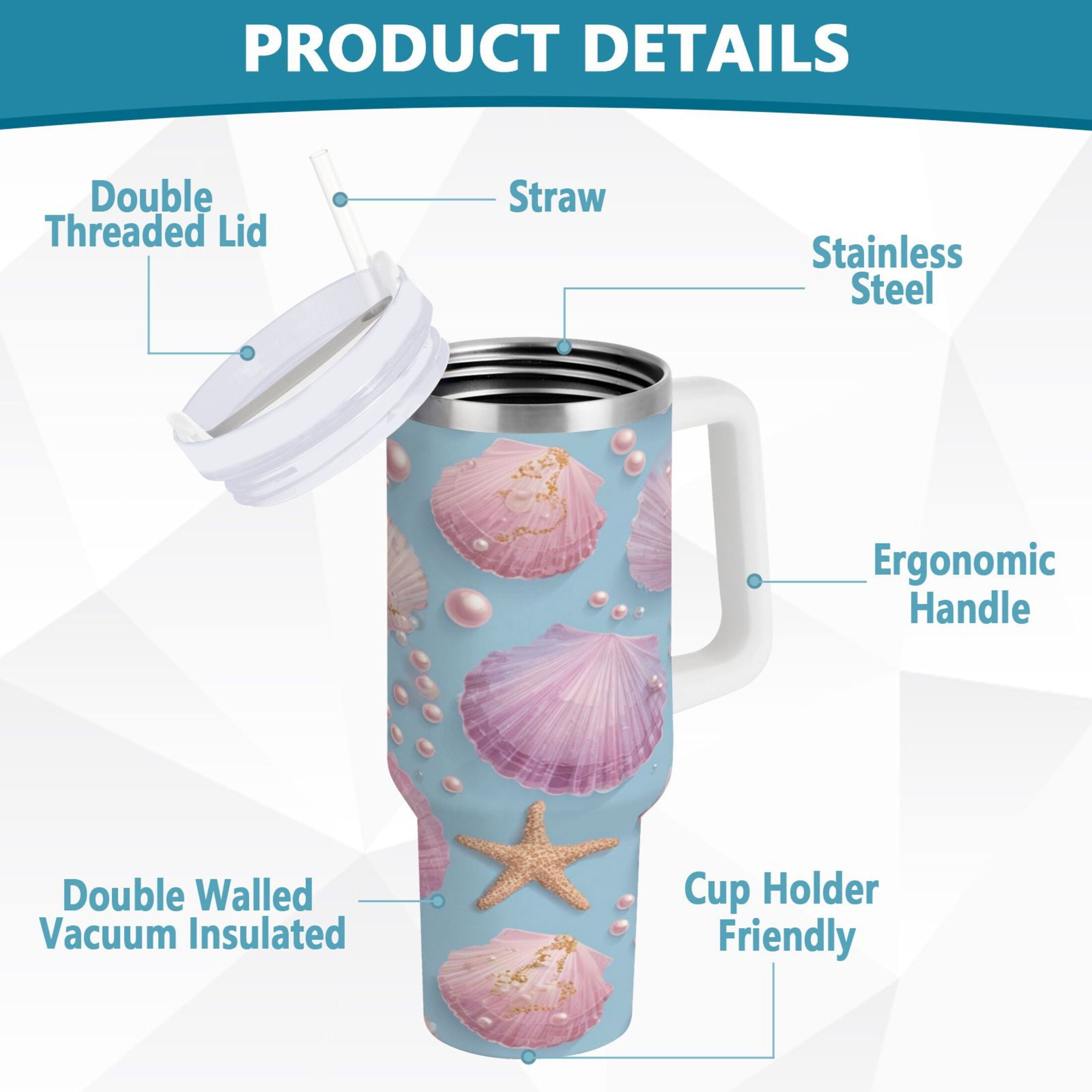 40 oz Insulated Stainless Steel Tumbler Double Wall Stainless Steel Tumbler with 2-Way Drinking Seashells and Pearls Pattern C569X