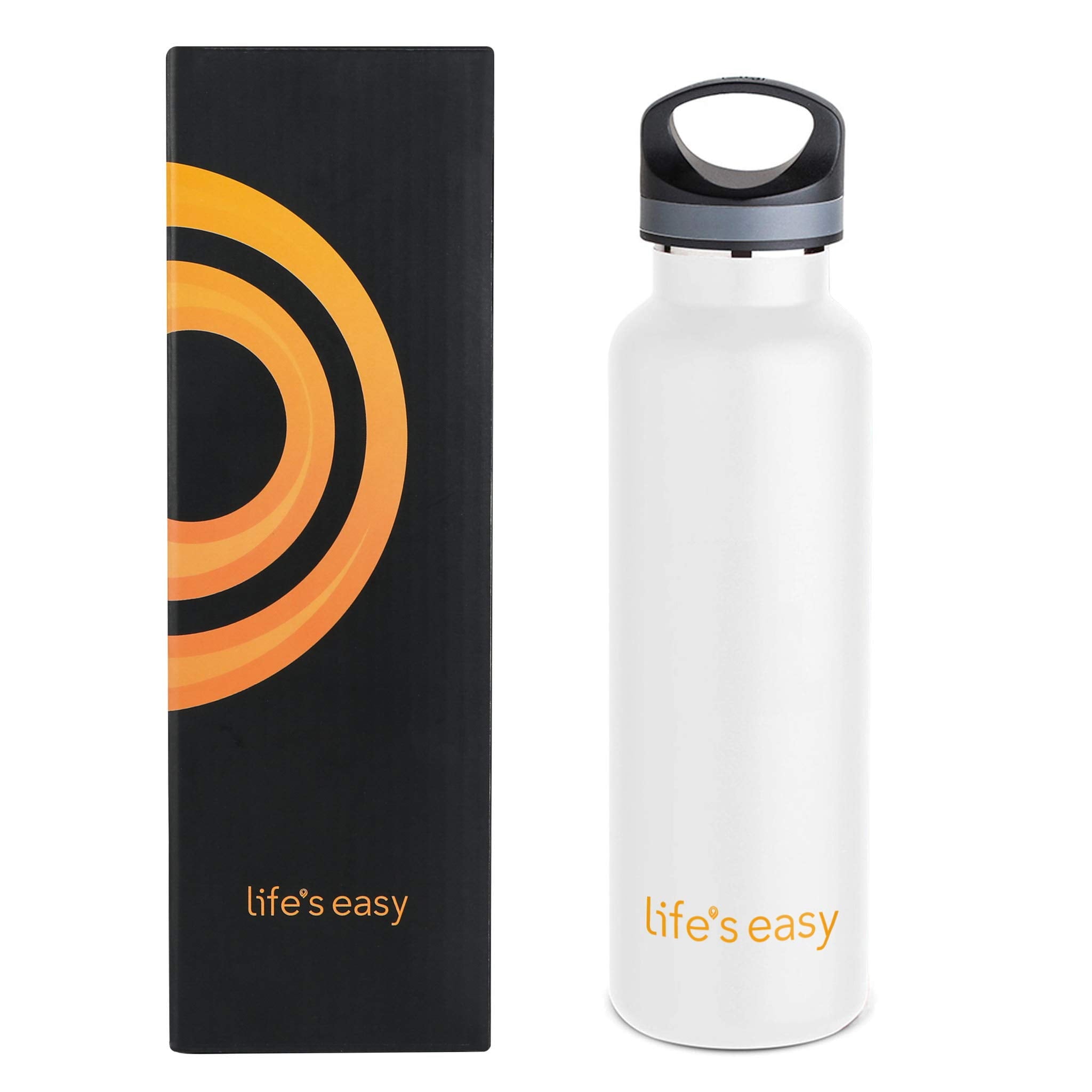LIFE'S EASY 20 oz. Sports Insulated Water Bottle with Lid. Stainless Steel Vacuum Double Wall Thermo for Modern Hot and Cold Drinks, Simple Metal Hydro Canteen for Travel Men and Women (White) C417D