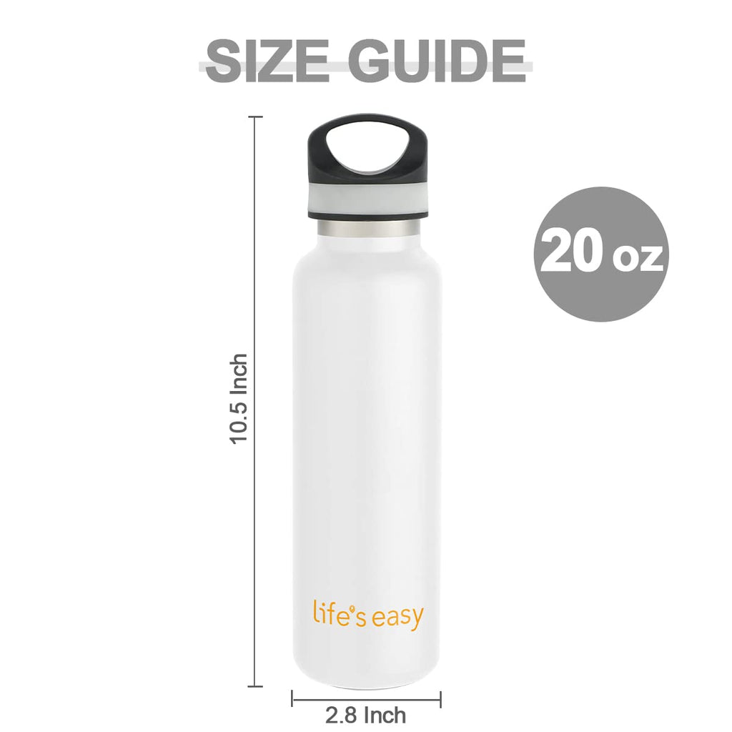 LIFE'S EASY 20 oz. Sports Insulated Water Bottle with Lid. Stainless Steel Vacuum Double Wall Thermo for Modern Hot and Cold Drinks, Simple Metal Hydro Canteen for Travel Men and Women (White) C417D