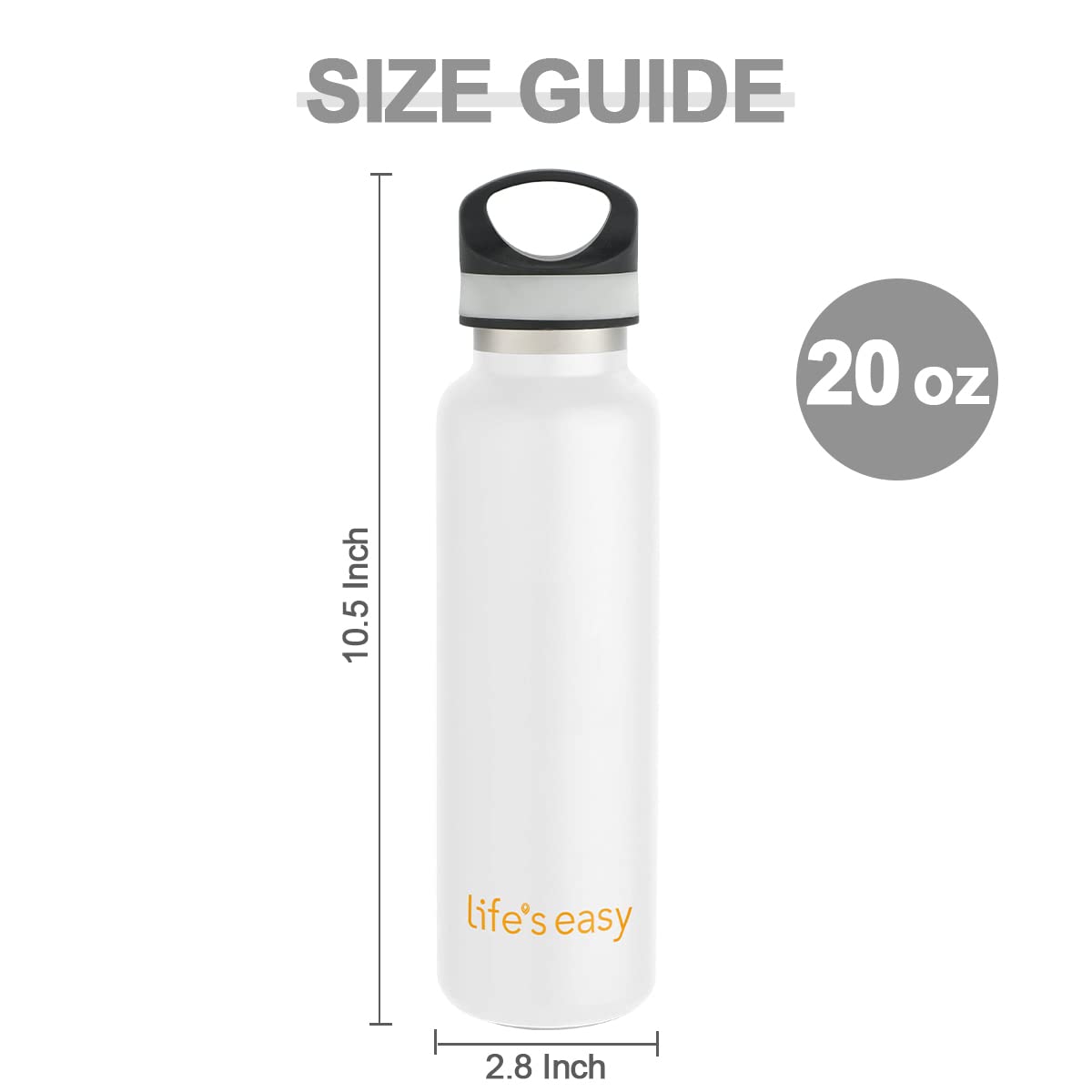 LIFE'S EASY 20 oz. Sports Insulated Water Bottle with Lid. Stainless Steel Vacuum Double Wall Thermo for Modern Hot and Cold Drinks, Simple Metal Hydro Canteen for Travel Men and Women (White) C417D