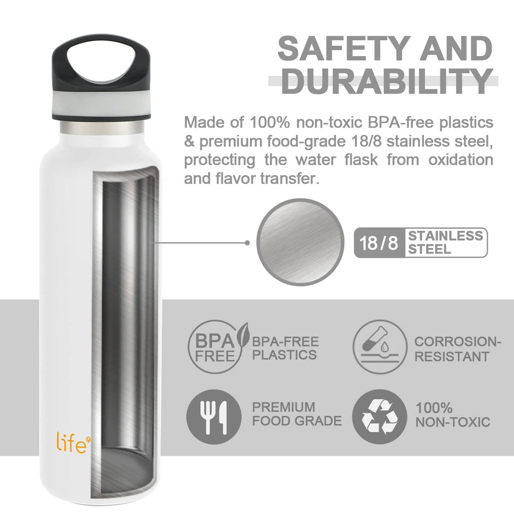 LIFE'S EASY 20 oz. Sports Insulated Water Bottle with Lid. Stainless Steel Vacuum Double Wall Thermo for Modern Hot and Cold Drinks, Simple Metal Hydro Canteen for Travel Men and Women (White) C417D