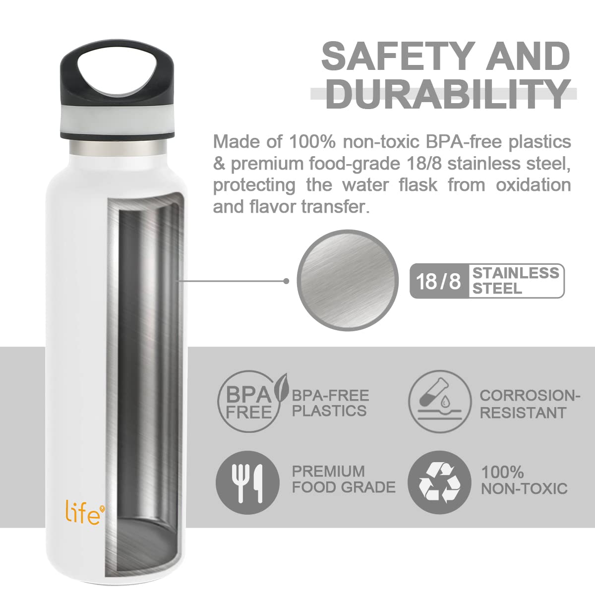 LIFE'S EASY 20 oz. Sports Insulated Water Bottle with Lid. Stainless Steel Vacuum Double Wall Thermo for Modern Hot and Cold Drinks, Simple Metal Hydro Canteen for Travel Men and Women (White) C417D