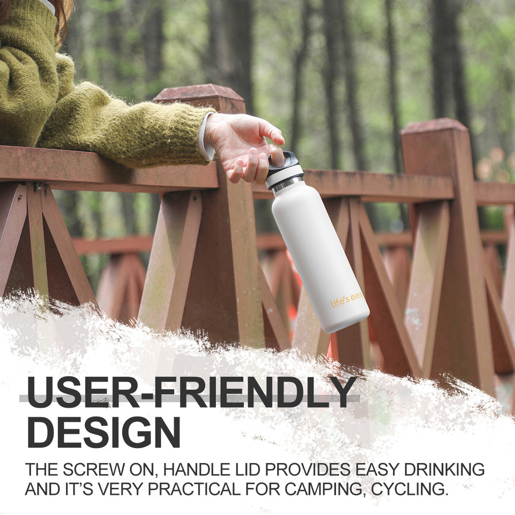 LIFE'S EASY 20 oz. Sports Insulated Water Bottle with Lid. Stainless Steel Vacuum Double Wall Thermo for Modern Hot and Cold Drinks, Simple Metal Hydro Canteen for Travel Men and Women (White) C417D