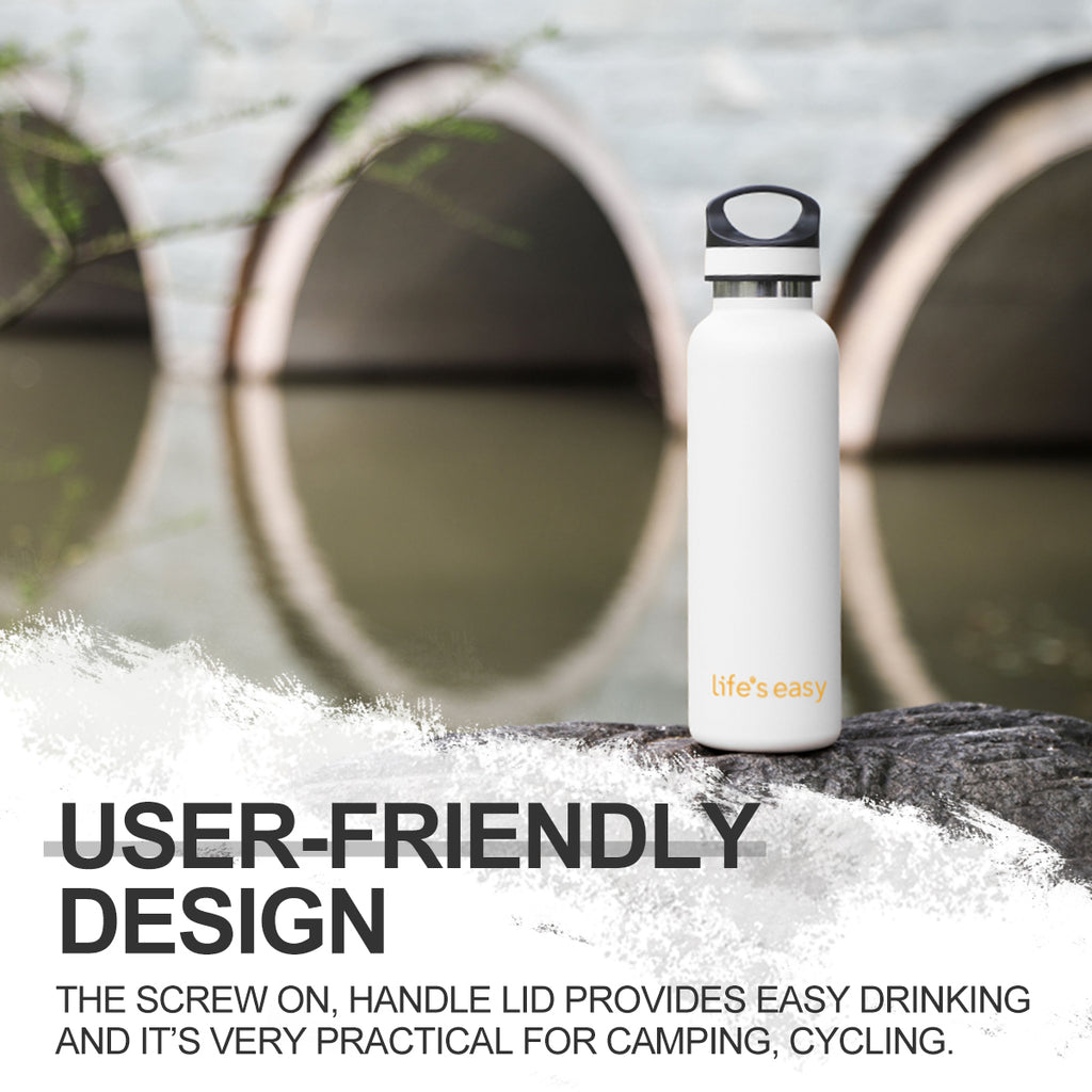 LIFE'S EASY 20 oz. Sports Insulated Water Bottle with Lid. Stainless Steel Vacuum Double Wall Thermo for Modern Hot and Cold Drinks, Simple Metal Hydro Canteen for Travel Men and Women (White) C417D