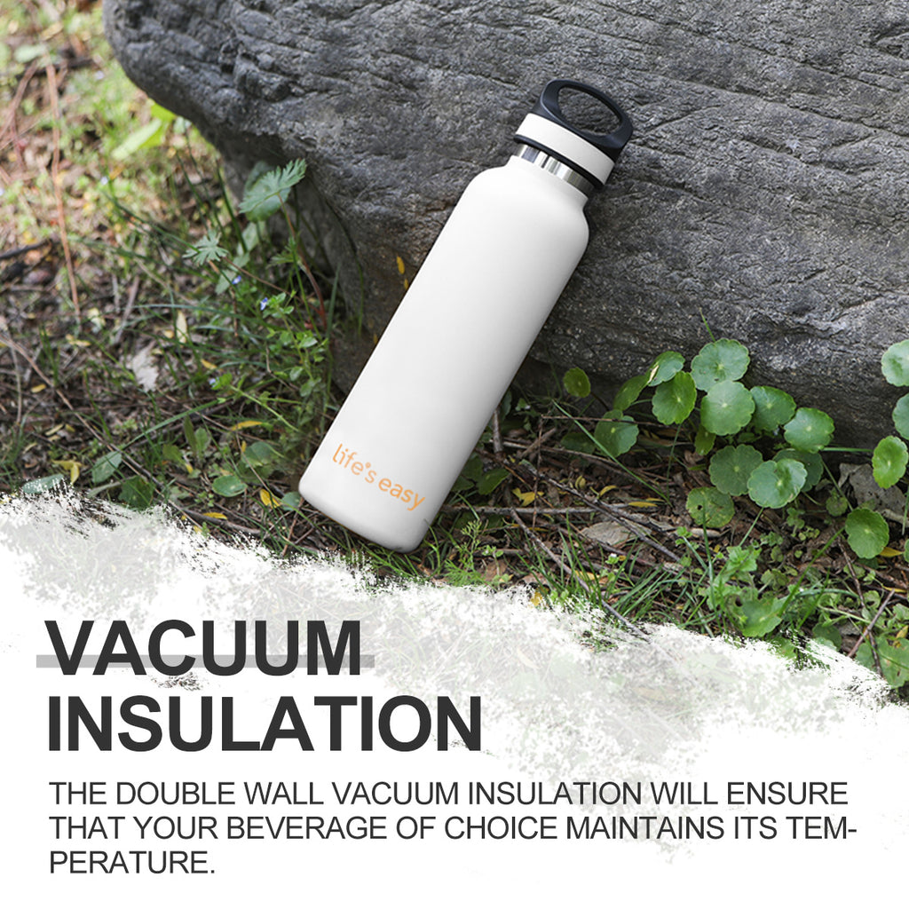 LIFE'S EASY 20 oz. Sports Insulated Water Bottle with Lid. Stainless Steel Vacuum Double Wall Thermo for Modern Hot and Cold Drinks, Simple Metal Hydro Canteen for Travel Men and Women (White) C417D