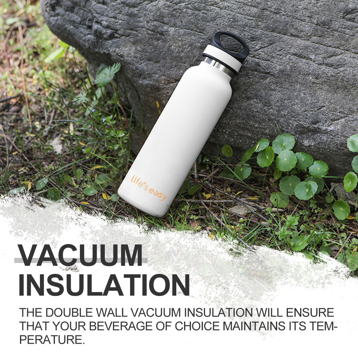 LIFE'S EASY 20 oz. Sports Insulated Water Bottle with Lid. Stainless Steel Vacuum Double Wall Thermo for Modern Hot and Cold Drinks, Simple Metal Hydro Canteen for Travel Men and Women (White) C417D