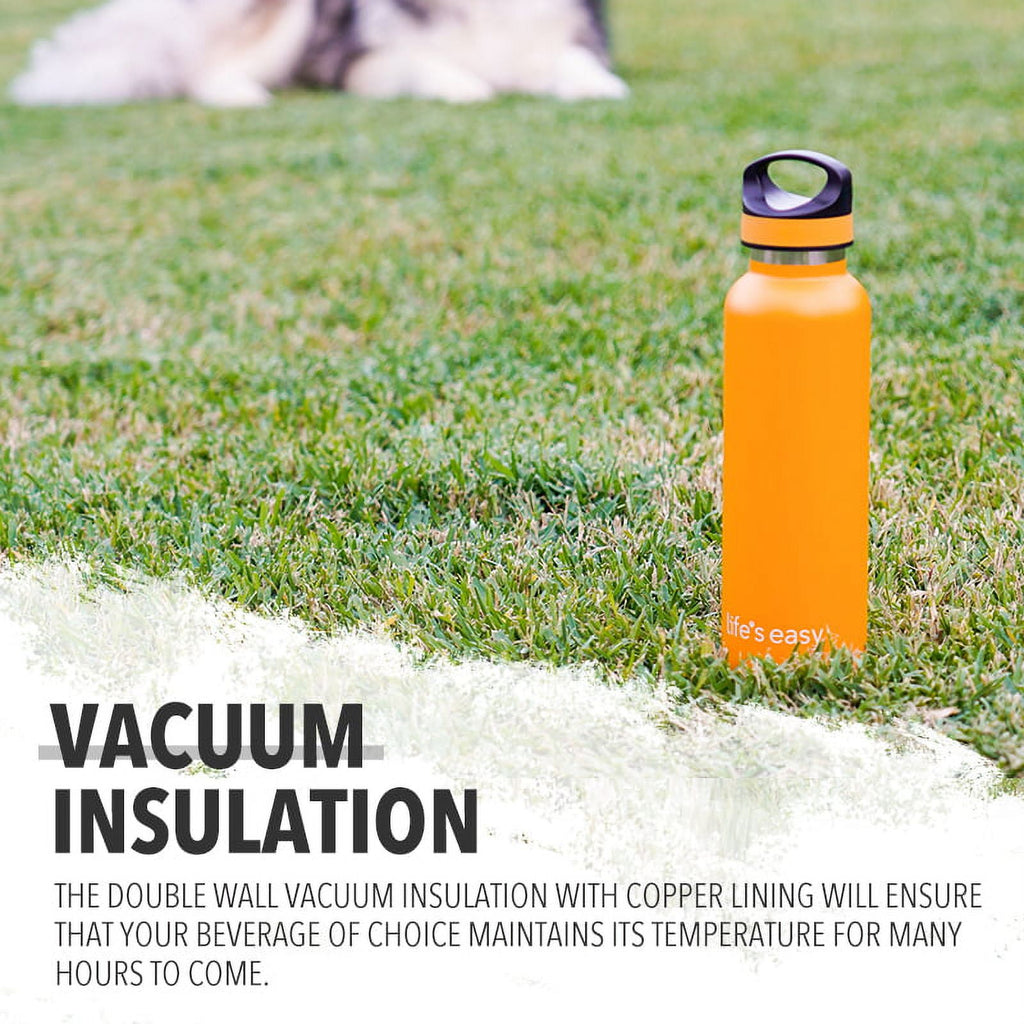 LIFE'S EASY 20 oz. Sports Insulated Water Bottle with Lid. Stainless Steel Vacuum Double Wall Thermo for Modern Hot and Cold Drinks, Simple Metal Hydro Canteen for Travel Men and Women (White) C417D