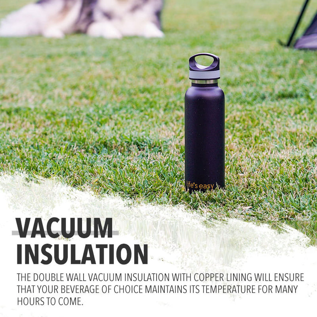 LIFE'S EASY 20 oz. Sports Insulated Water Bottle with Lid. Stainless Steel Vacuum Double Wall Thermo for Modern Hot and Cold Drinks, Simple Metal Hydro Canteen for Travel Men and Women (White) C417D