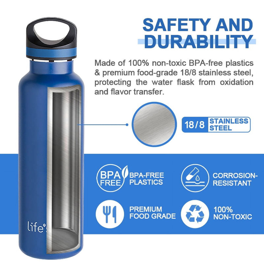LIFE'S EASY 20 oz. Sports Insulated Water Bottle with Lid. Stainless Steel Vacuum Double Wall Thermo for Modern Hot and Cold Drinks, Simple Metal Hydro Canteen for Travel Men and Women (White) C417D